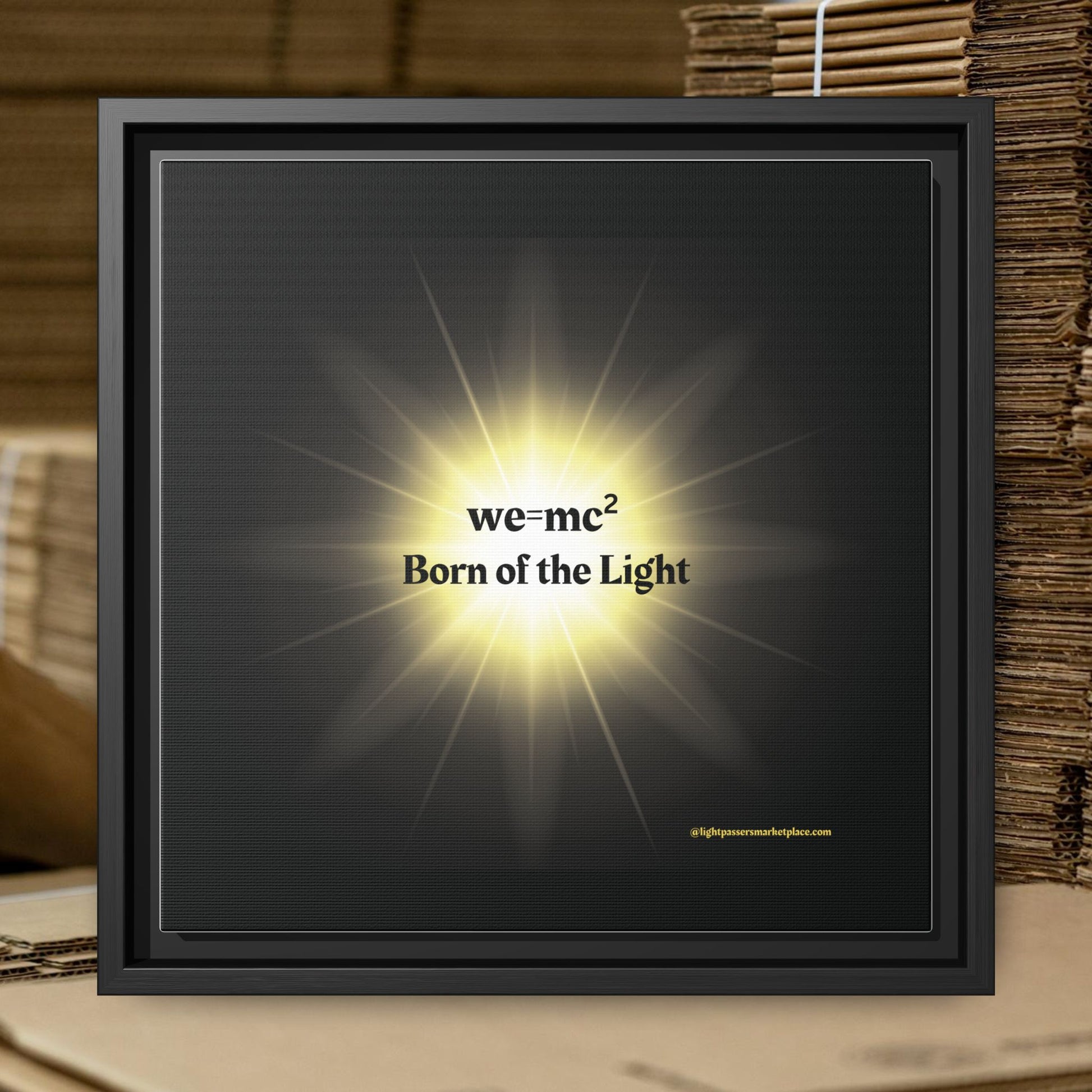 Inspirational Framed Canvas Art - we=mc² Born of the Light features a matte finish, vibrant details, and a black frame with a yellow glow.