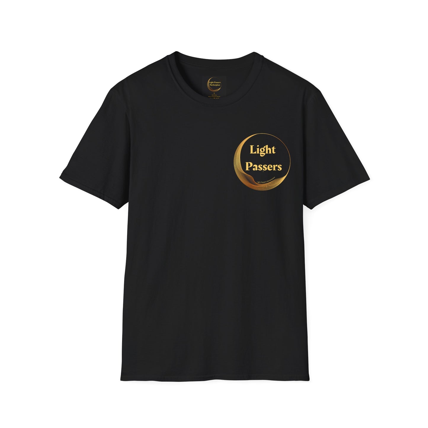 A black t-shirt featuring a gold logo, ideal for casual wear. Made of 100% cotton with a tear-away label, no side seams, and tape on shoulders for durability. Small Light Passers Logo Unisex T-shirt.