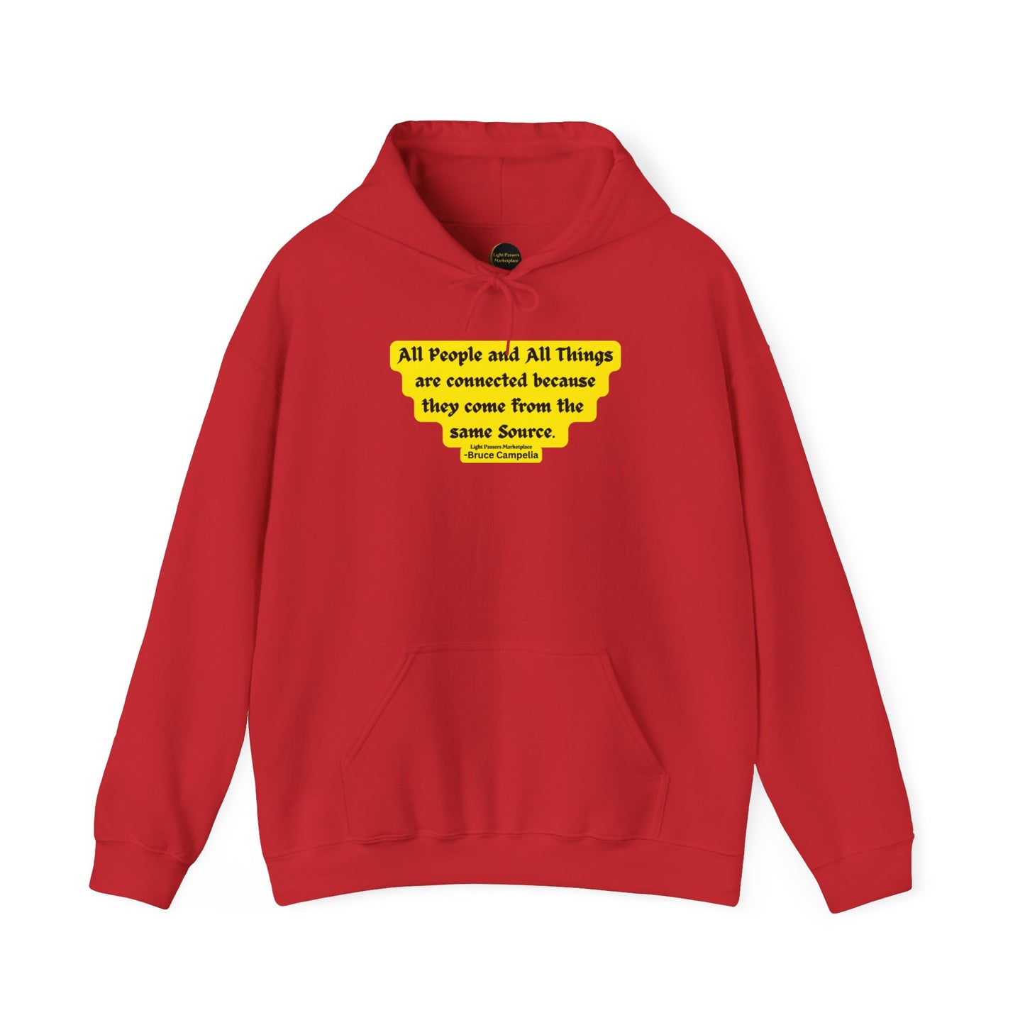 A red unisex hooded sweatshirt with yellow text, kangaroo pocket, and color-matched drawstring. Made of 50% cotton and 50% polyester for a cozy, warm feel. Ethically produced by Gildan.