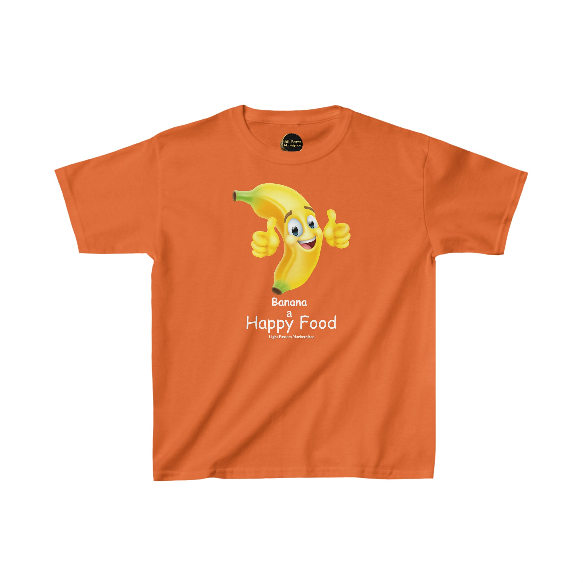 Youth t-shirt featuring a cartoon banana with a thumbs-up gesture. 100% cotton fabric, twill tape shoulders for durability, ribbed collar, tear-away label, ethically sourced US cotton.