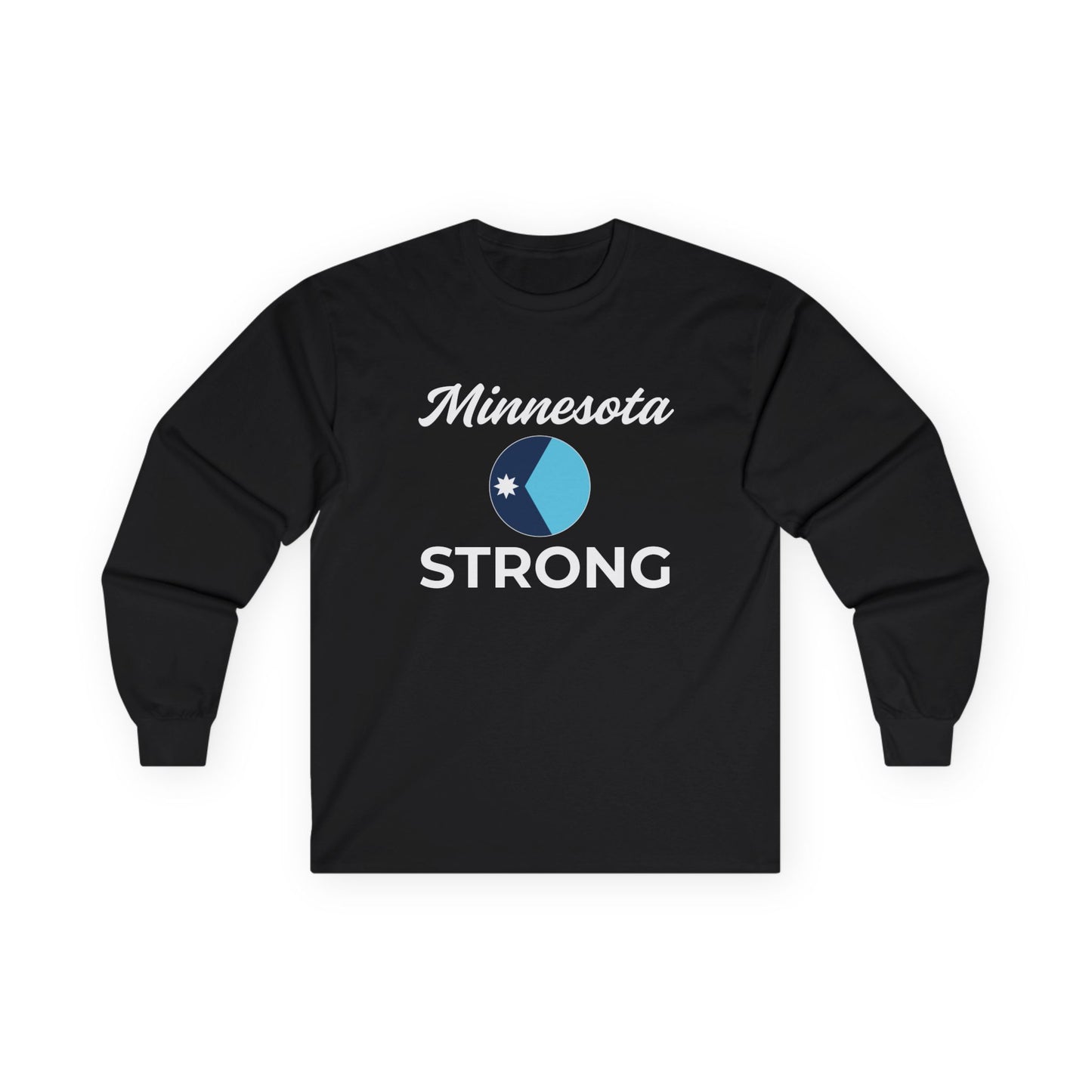 Black long-sleeve tee with Minnesota Strong design, featuring cursive text and a two-tone circular graphic, highlighting resilience and community spirit.