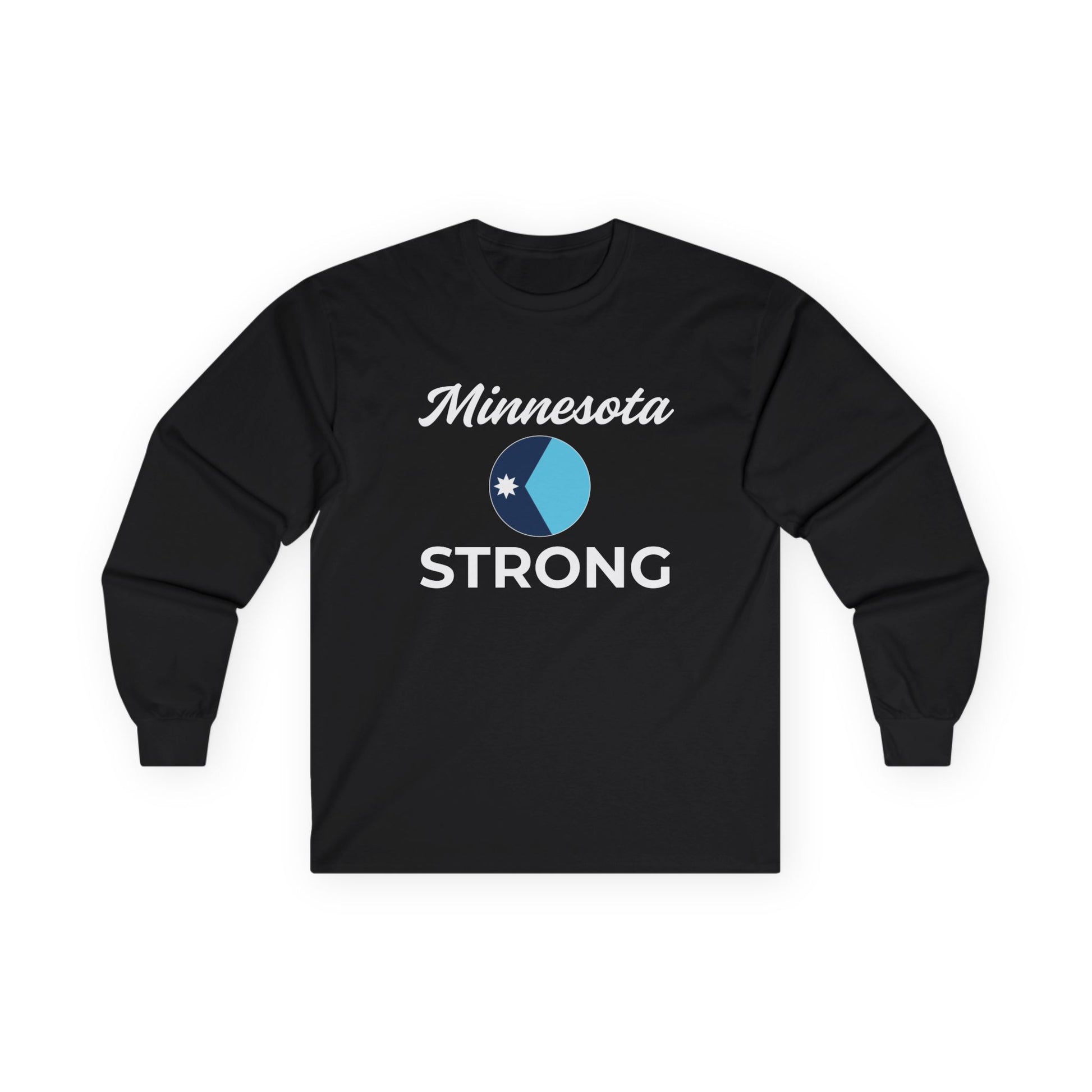 Black long-sleeve tee with Minnesota Strong design, featuring cursive text and a two-tone circular graphic, highlighting resilience and community spirit.