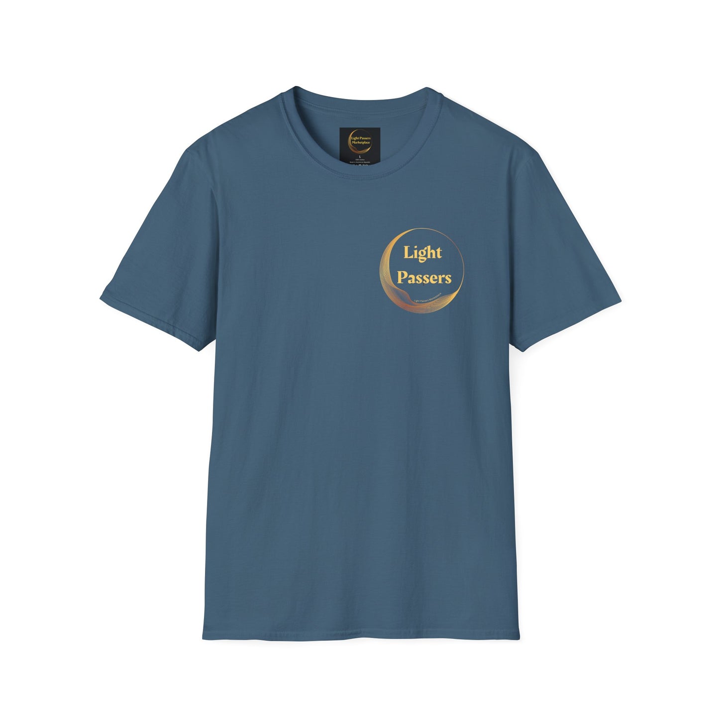 A blue unisex heavy cotton tee with a logo on the front and back. No side seams for comfort, tape on shoulders for durability. 100% cotton, tear-away label, classic fit.