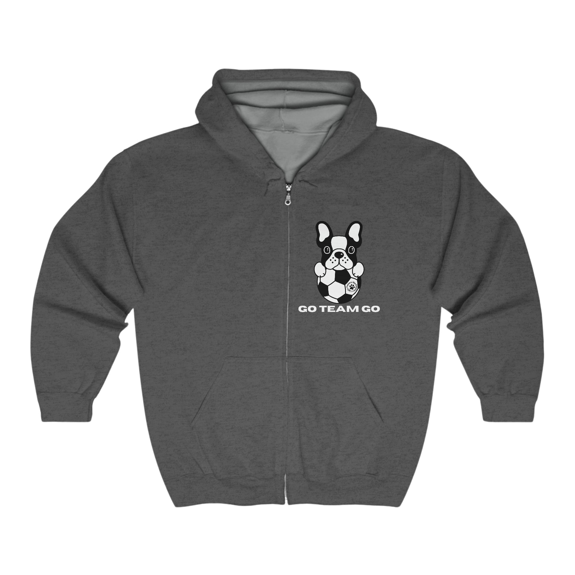 A classic Soccer Dog Unisex Full Zip Hooded Sweatshirt in grey, featuring a dog and football ball design. Soft fleece, reduced pilling, 50% cotton, 50% polyester blend, medium-heavy fabric, classic fit.