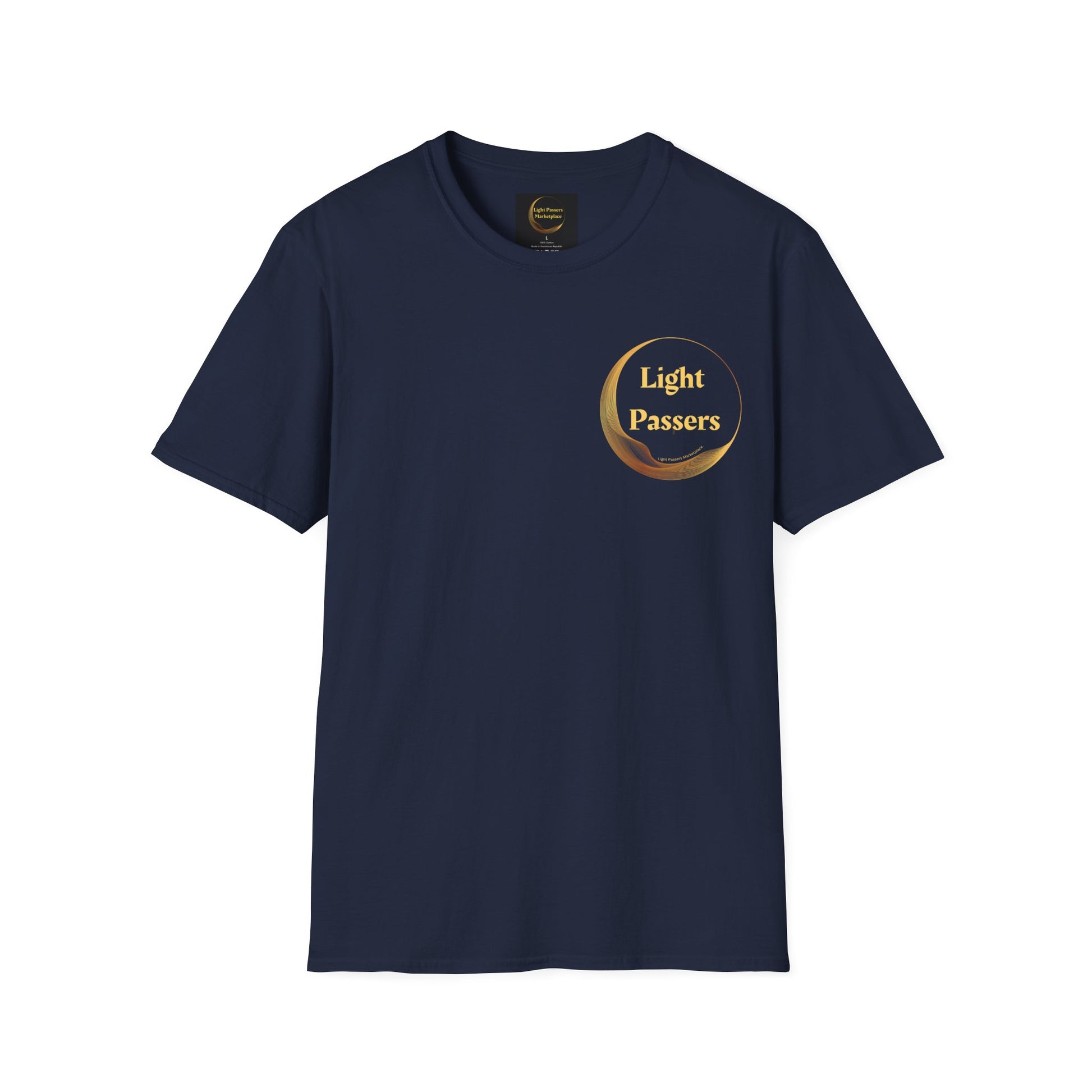 Unisex navy t-shirt with LP logo on front and circle back design. Heavy cotton tee with smooth surface for vivid printing, no side seams, and tape on shoulders for durability.