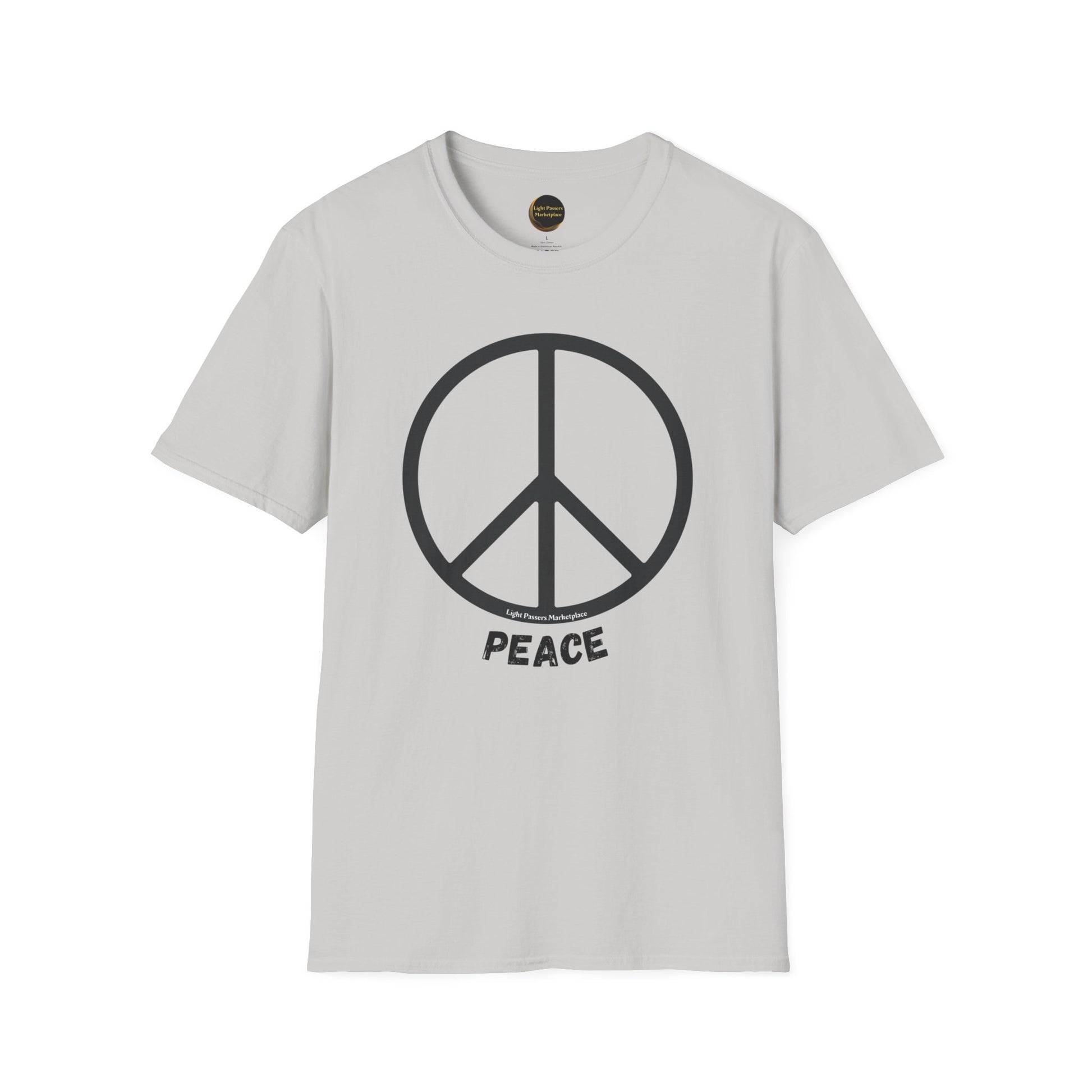 A soft white unisex t-shirt featuring a peace symbol design. Made of 100% ring-spun cotton, lightweight and durable, with a clean crew neckline and tear-away label for comfort. Ethically sourced and Oeko-Tex certified.