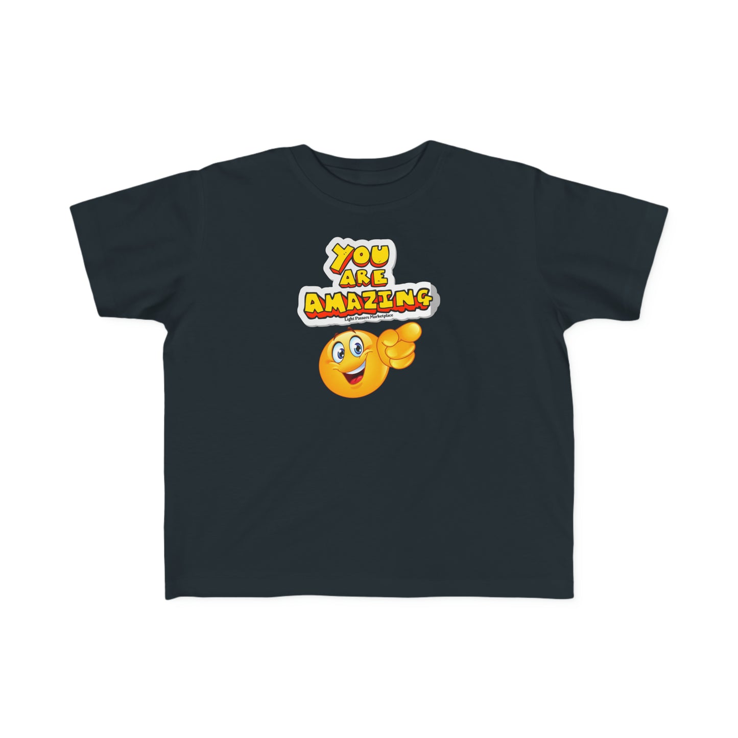 A black toddler tee featuring an You are Amazing emoji pointing design. Made of soft, 100% combed cotton with a durable print. Ideal for sensitive skin, with a classic fit and tear-away label.