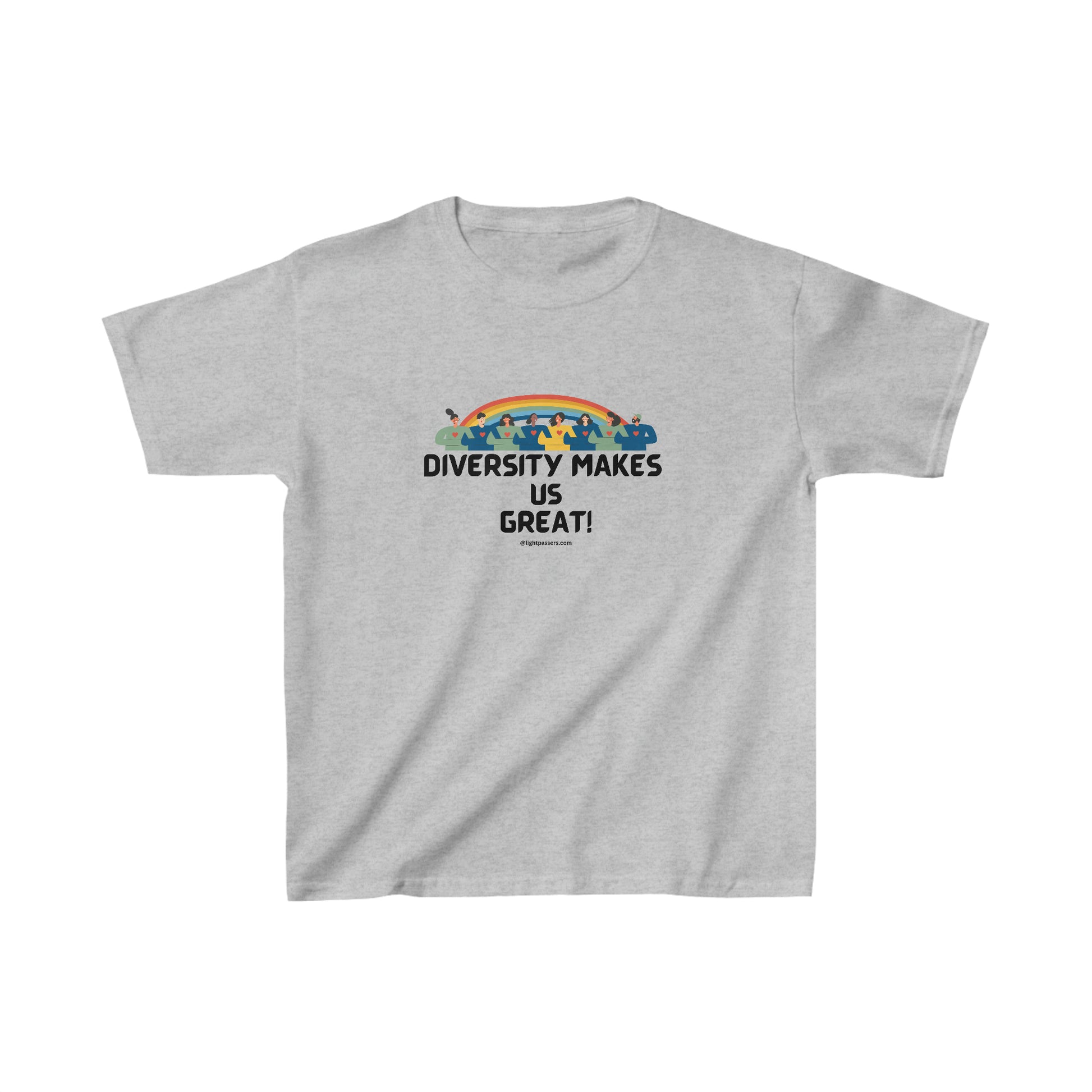 Youth t-shirt featuring a rainbow graphic design, ideal for daily wear. Made of 100% cotton with twill tape shoulders and ribbed collar for durability. Classic fit, tear-away label, and no side seams.