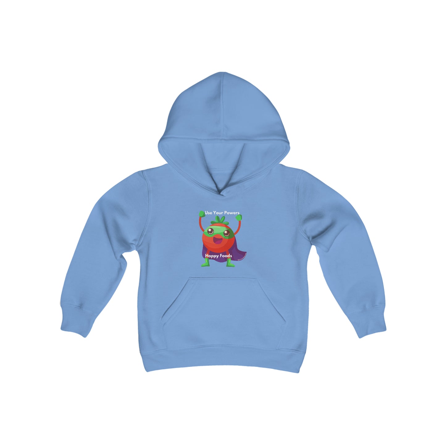 Light Passers Marketplace Tomato Power Happy Food Youth Hooded Sweatshirt Nutrition, Mental Health, Simple Messages