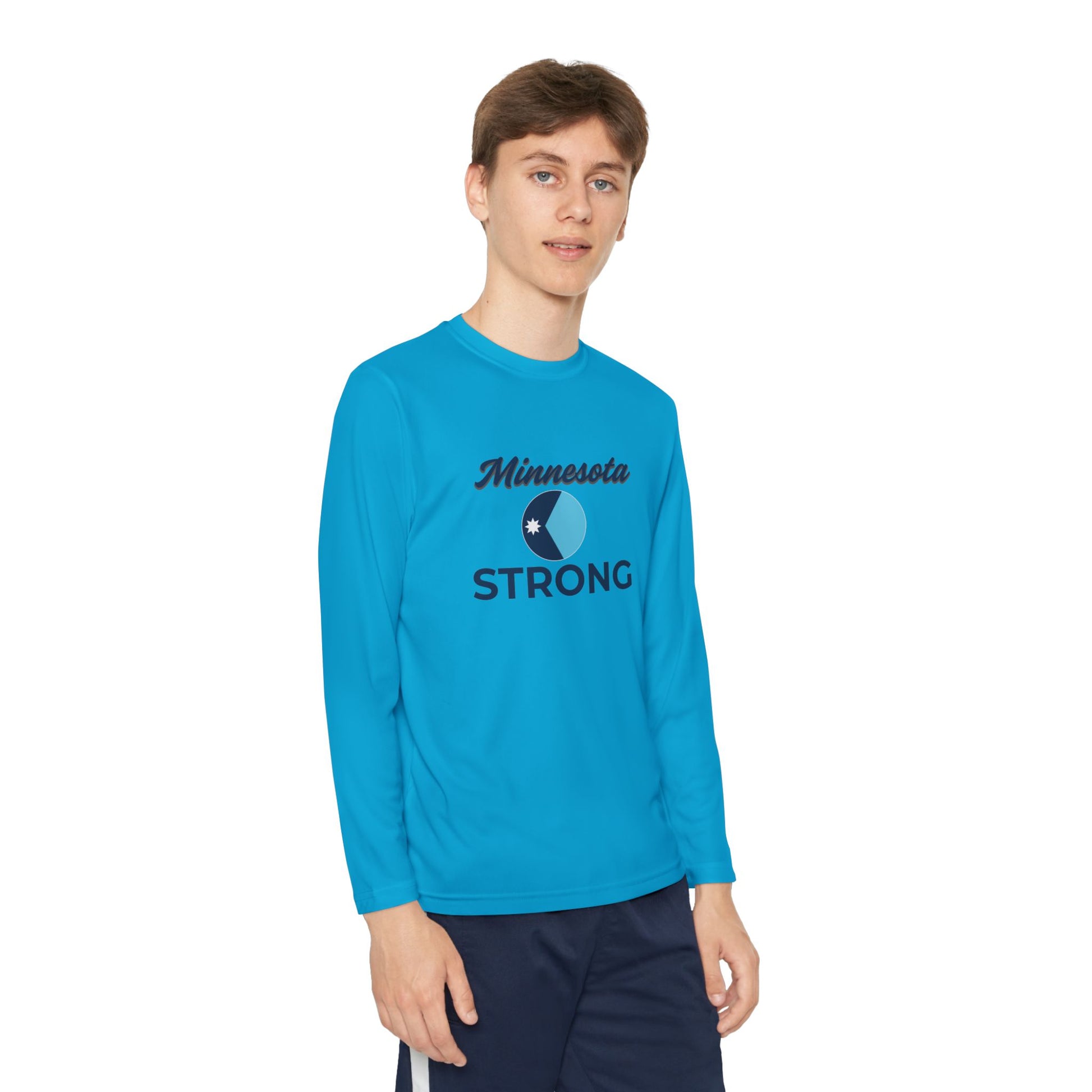 Young adult models Love and Peace The Light Youth Minnesota Strong Long Sleeve Tee, showcasing a bold graphic promoting civic courage and regional pride.