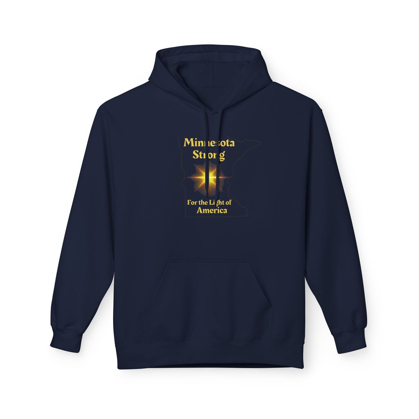 Navy-blue hoodie with gold Minnesota map graphic, Minnesota Strong text, and sunburst motif. Includes drawstring hood, ribbed cuffs, and front pocket.