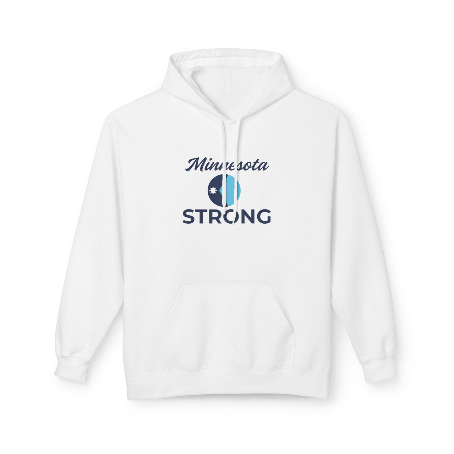 White pullover hoodie with Minnesota Strong graphic, featuring a blue two-tone logo, kangaroo pocket, and drawstring hood; embodies cozy, community-focused style.