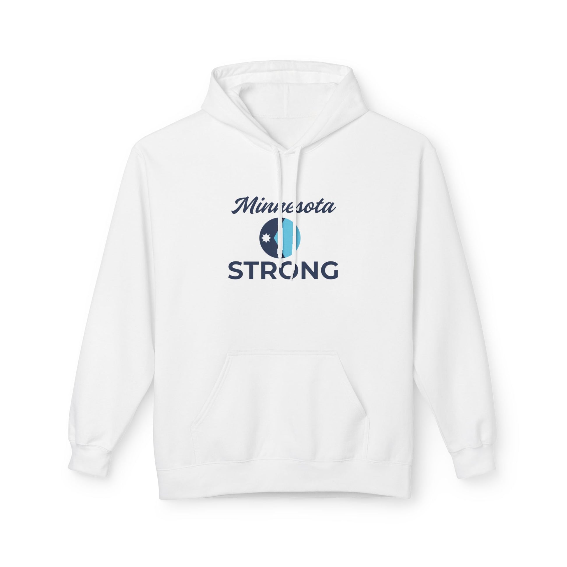 White pullover hoodie with Minnesota Strong graphic, featuring a blue two-tone logo, kangaroo pocket, and drawstring hood; embodies cozy, community-focused style.