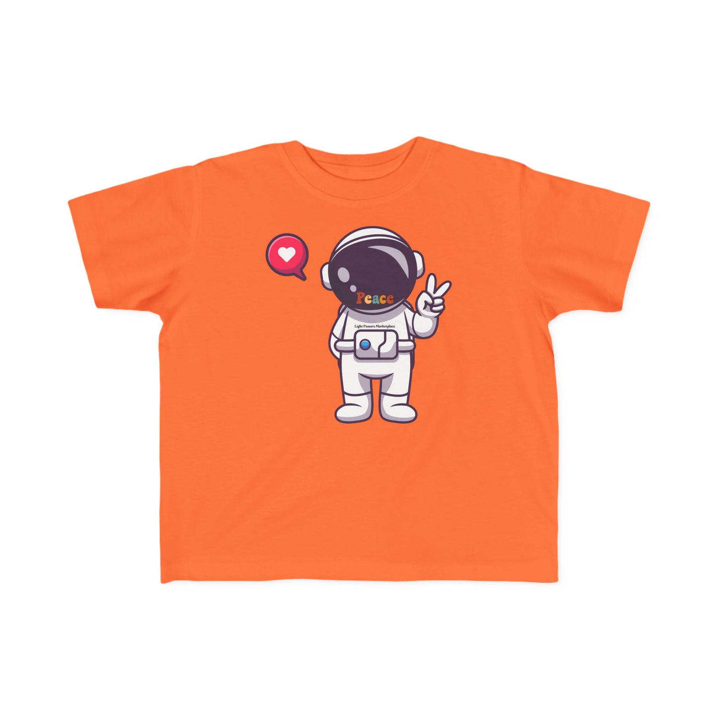 Peace Astronaut Toddler T-shirt featuring a stylized astronaut with a peace sign and heart speech-bubble, designed for comfort and durability with soft, high-quality cotton.