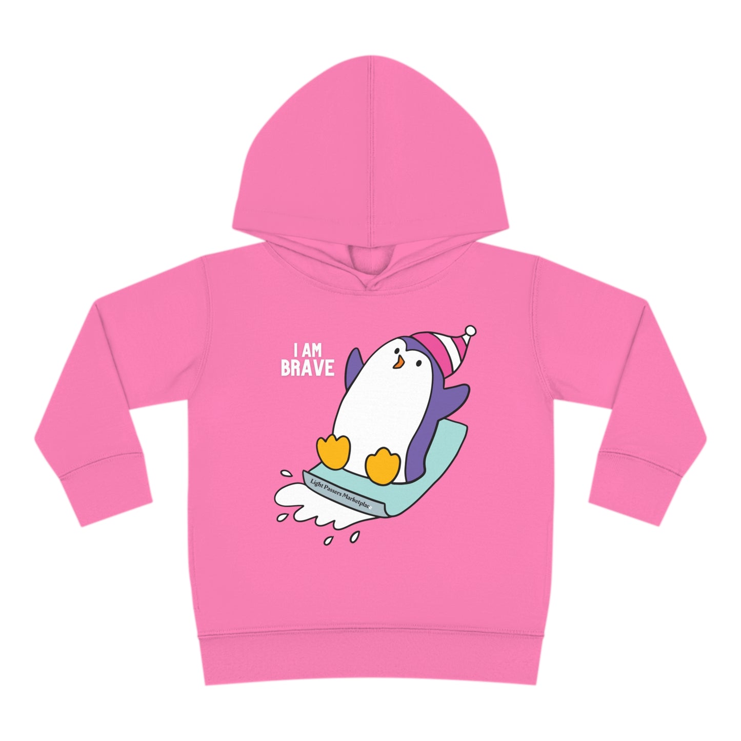 A Rabbit Skins toddler hoodie featuring a Brave Penguin design, with jersey-lined hood, cover-stitched details, and side seam pockets for lasting comfort and durability.
