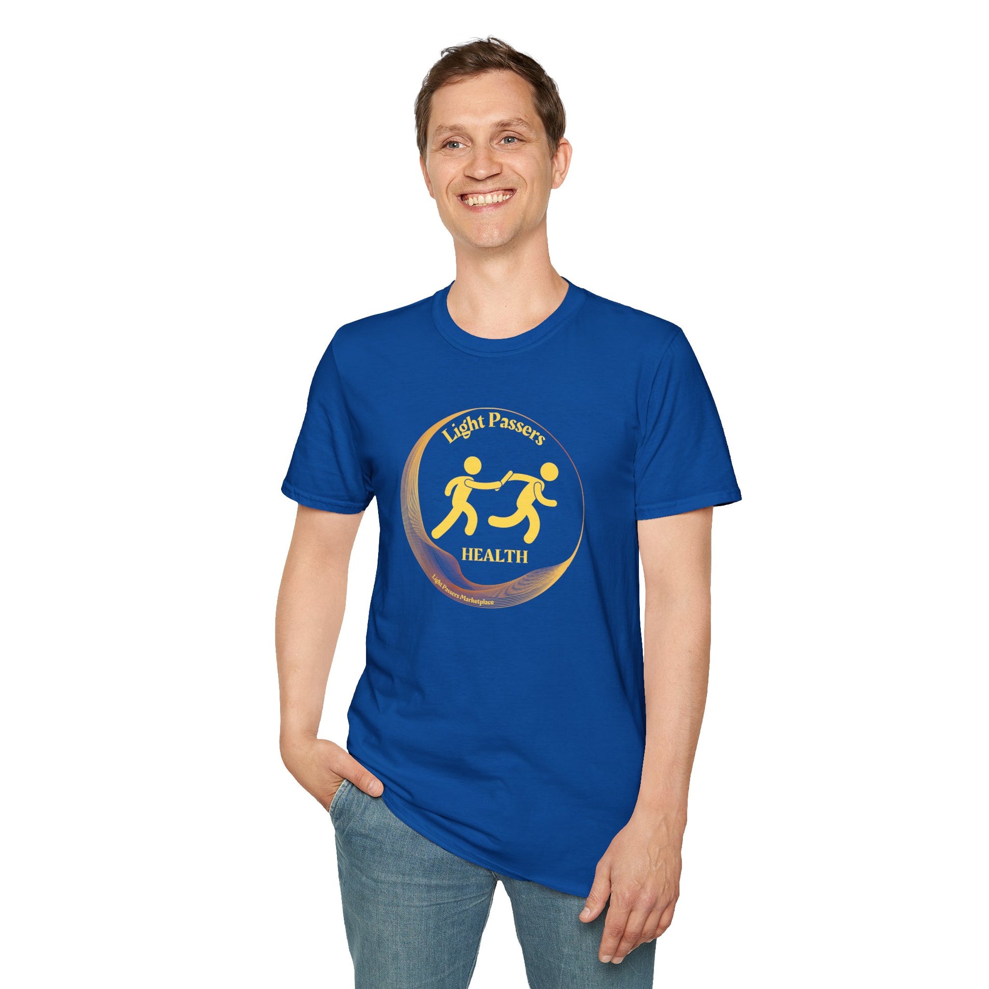 A man in a blue shirt, smiling, showcasing Light Passers Relay Health Logo Unisex T-Shirt. Made of soft 100% cotton, featuring twill tape shoulders, ribbed collar, and no side seams for durability and comfort.