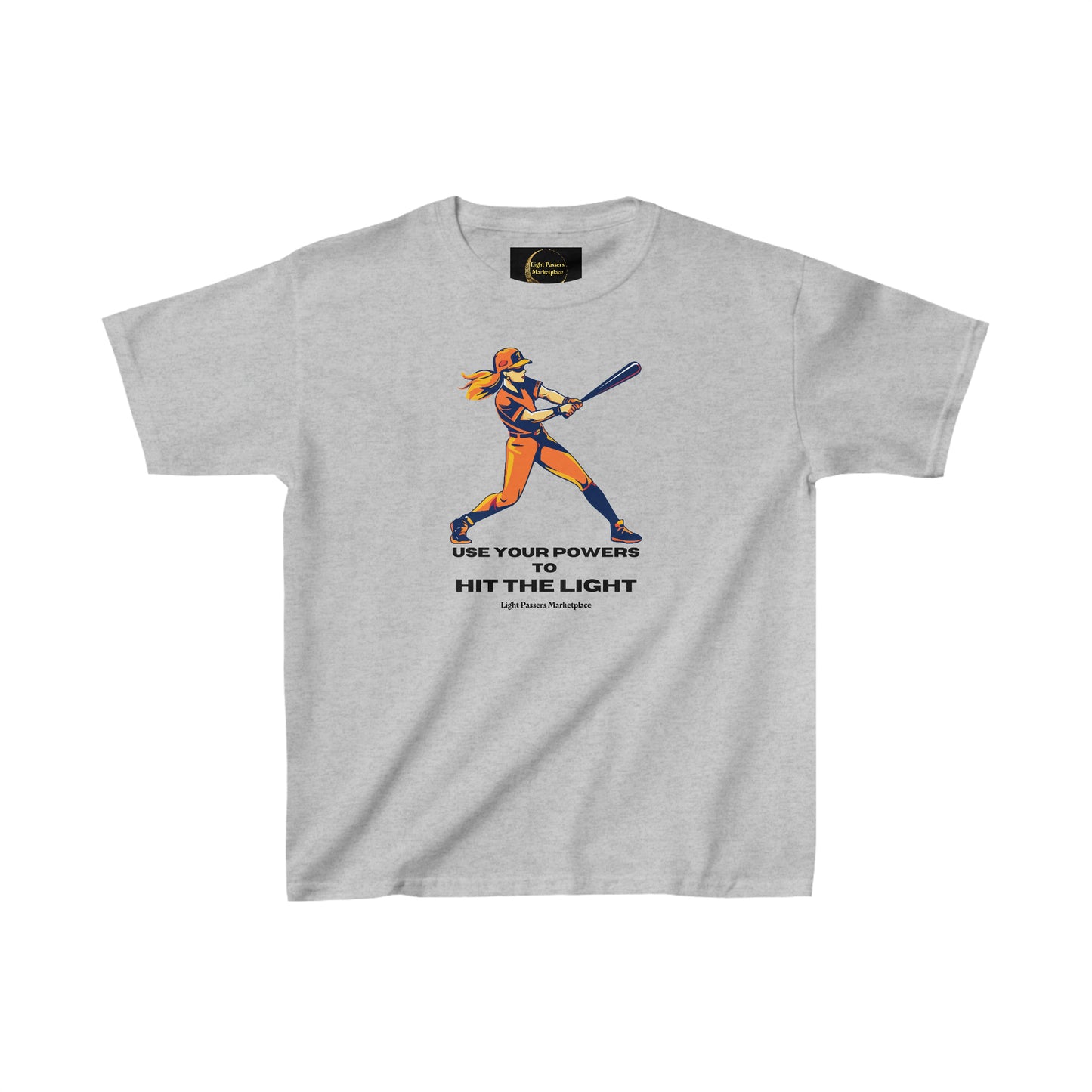 Youth t-shirt featuring a woman playing baseball, swinging a bat. Made of 100% cotton for solid colors, with twill tape on shoulders for durability. Classic fit, tear-away labels, ethically sourced US cotton.