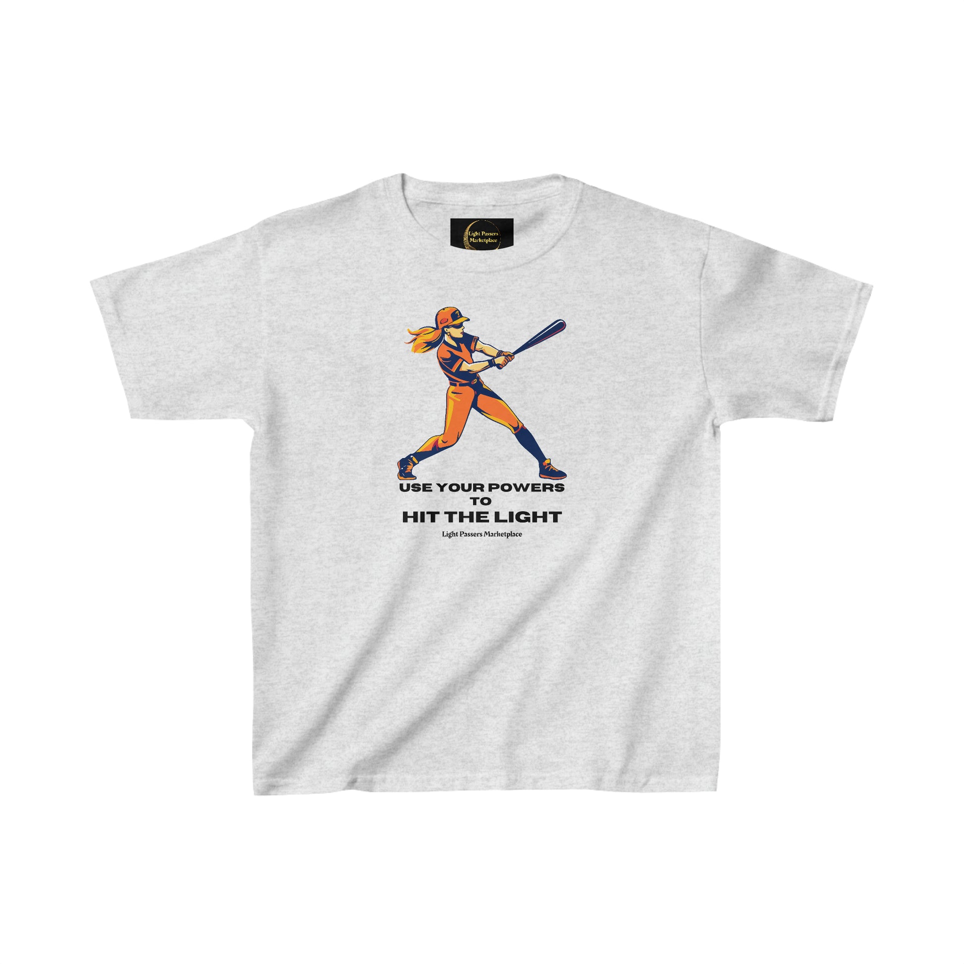 A white youth t-shirt featuring a cartoon of a girl swinging a baseball bat. Made of 100% cotton, with twill tape shoulders for durability and curl-resistant collar. Ethically sourced US cotton.