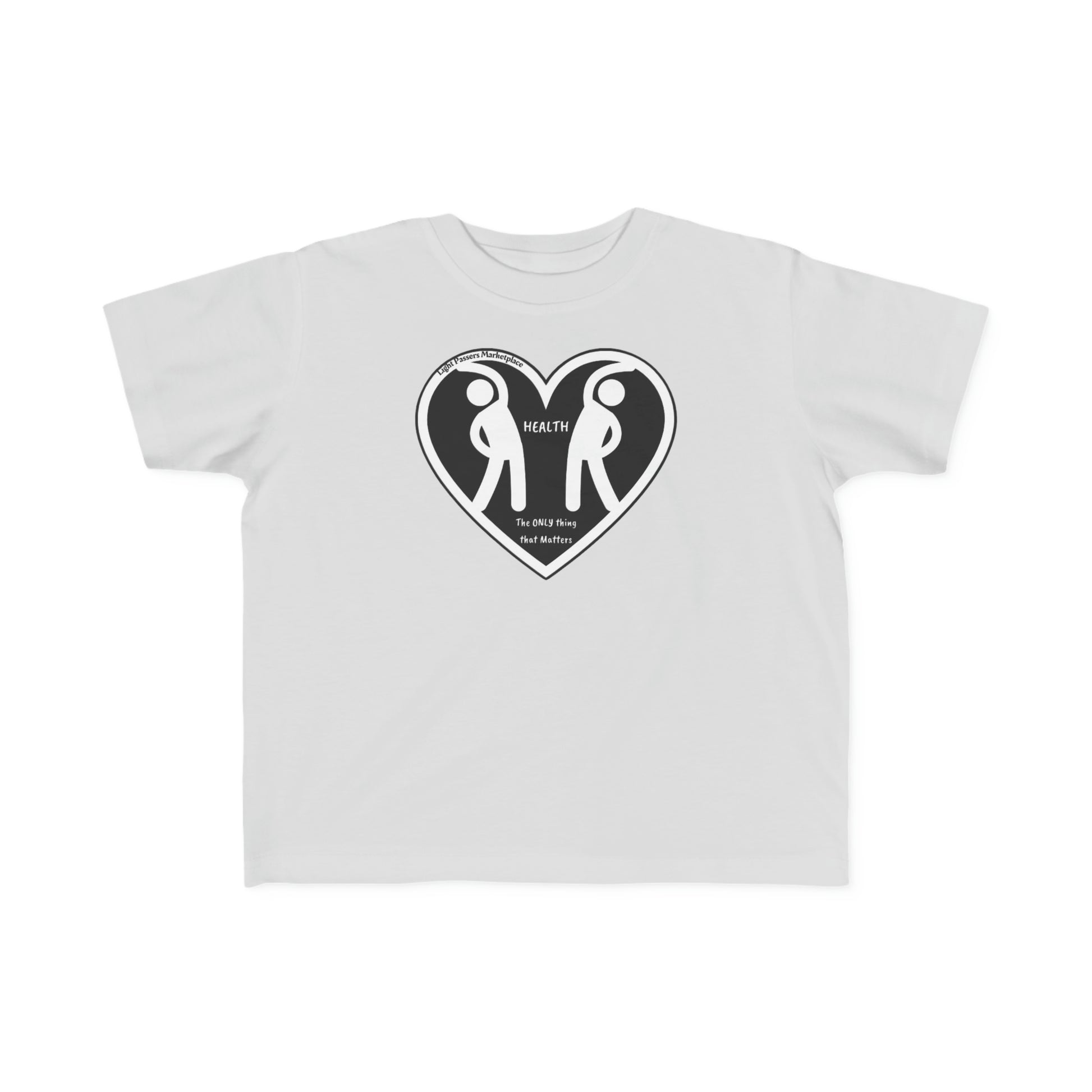 A white toddler t-shirt featuring a heart and two people design, made of soft 100% combed cotton. Durable print, tear-away label, and a classic fit for little adventurers.