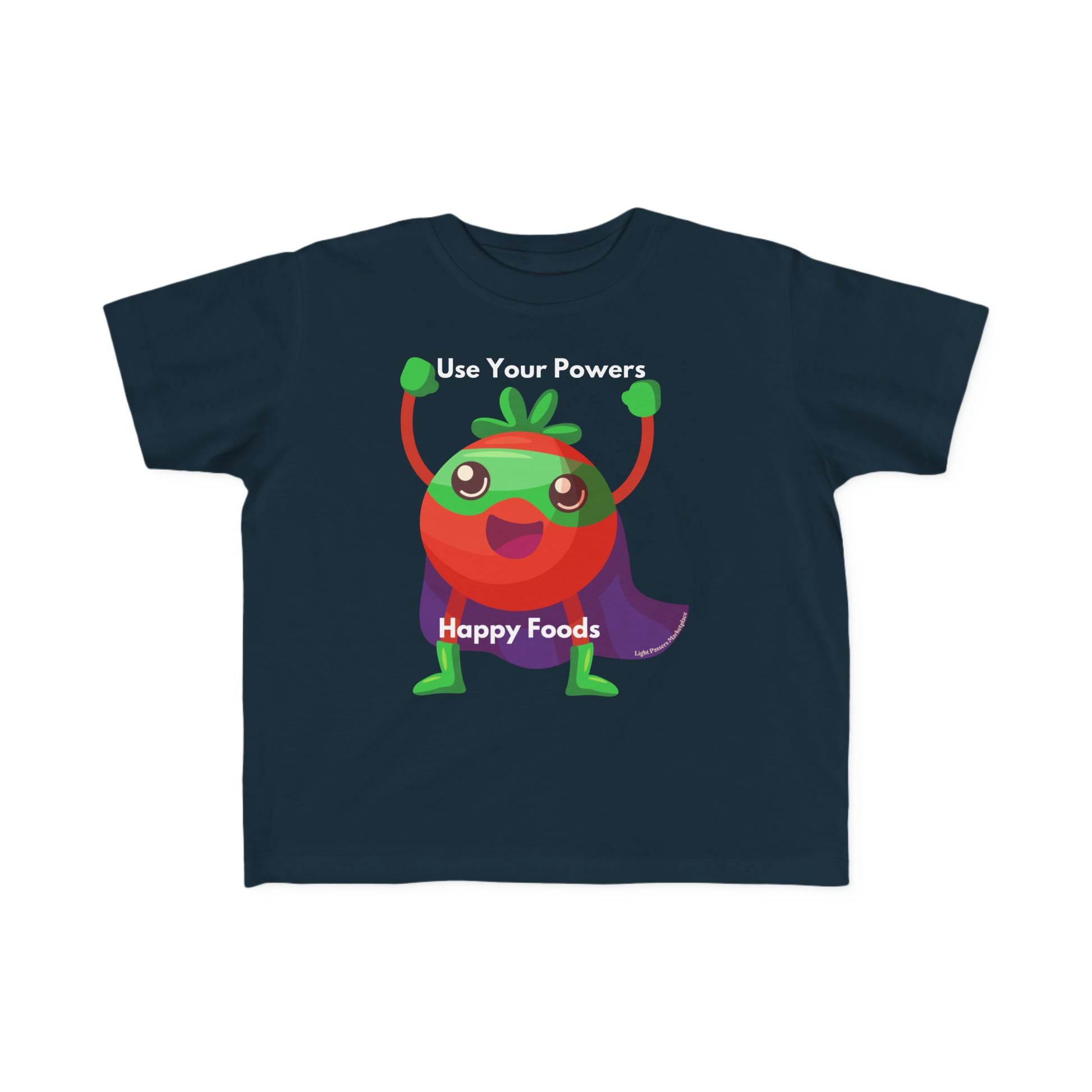 A toddler's Tomato Power t-shirt featuring a cartoon character with a strawberry cape and boots, made of soft 100% combed cotton. Durable print, light fabric, tear-away label, classic fit.