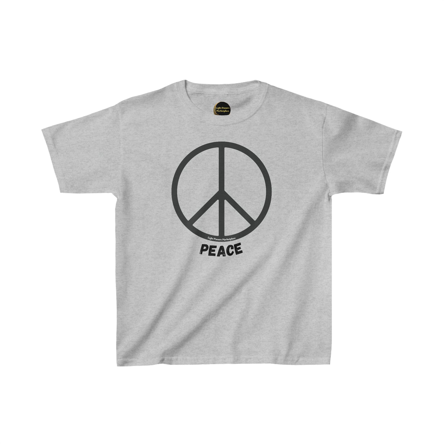 Youth grey t-shirt featuring a peace symbol, made of 100% US cotton with twill tape shoulders for durability and ribbed collar for curl resistance. Ethically produced with tear-away labels for comfort.