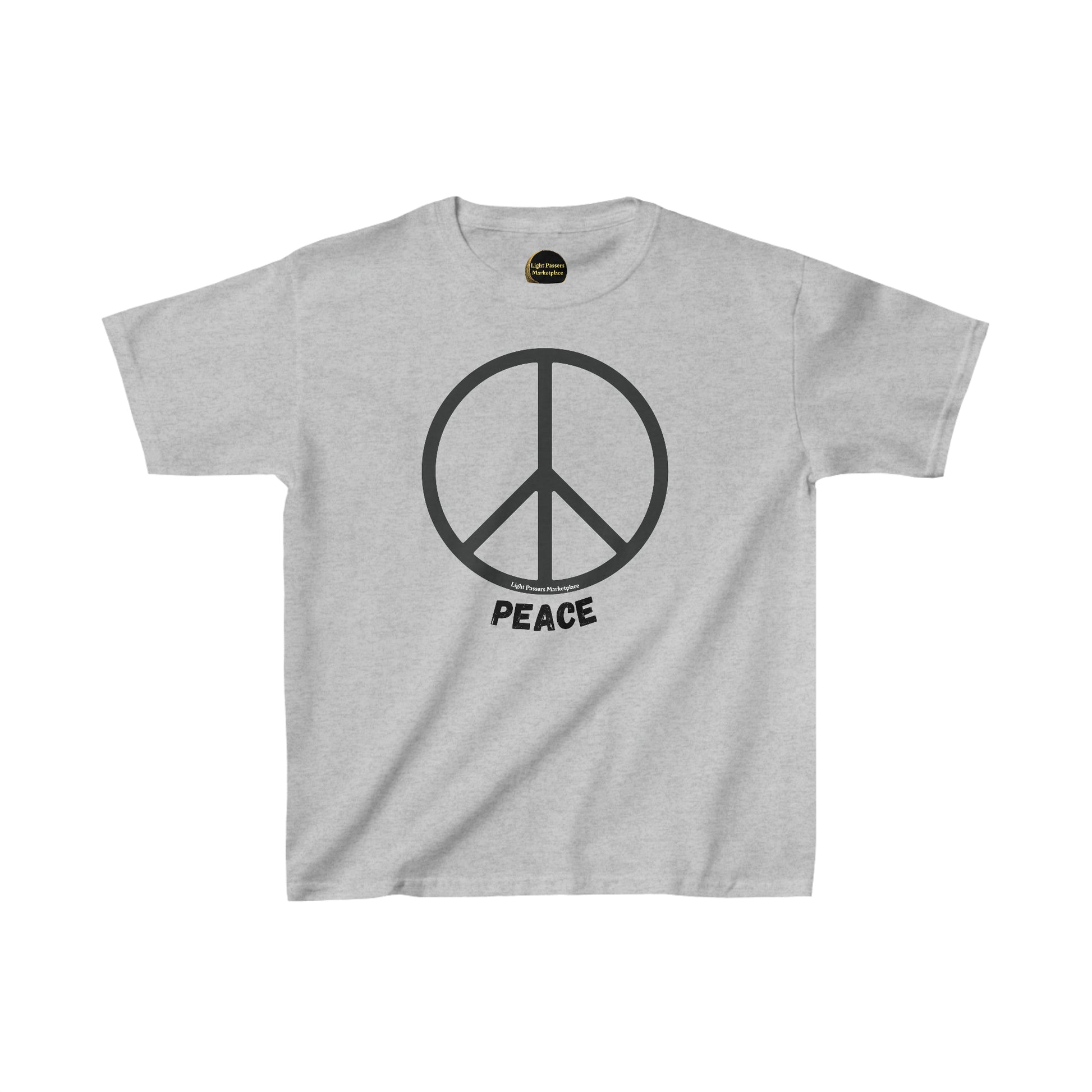 Youth grey t-shirt featuring a peace symbol, made of 100% US cotton with twill tape shoulders for durability and ribbed collar for curl resistance. Ethically produced with tear-away labels for comfort.