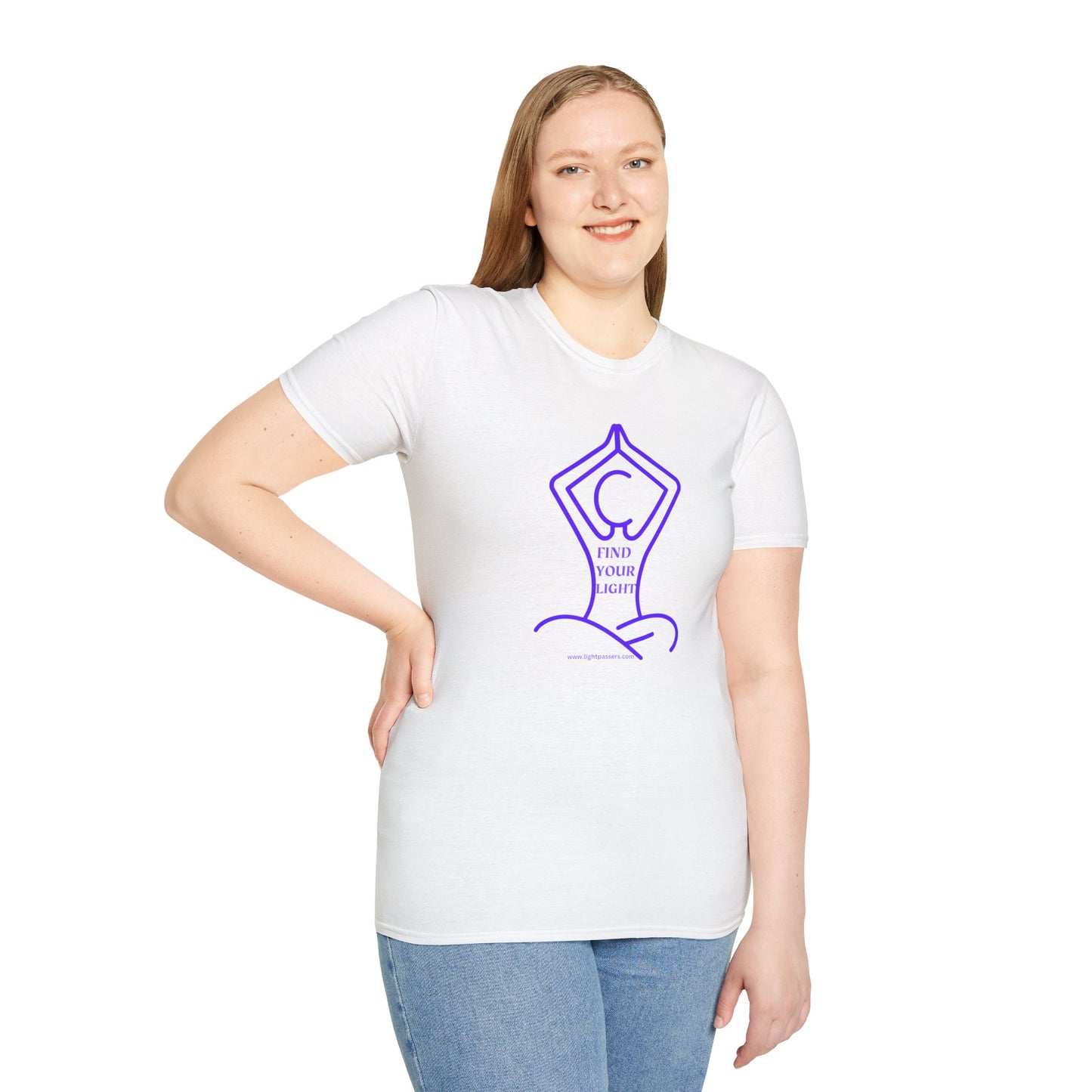 A woman in a white shirt with a purple logo poses, showcasing the Yoga Find Your Light Unisex T-shirt. Close-up of blue jeans. Casual, 100% cotton tee with no side seams for comfort.