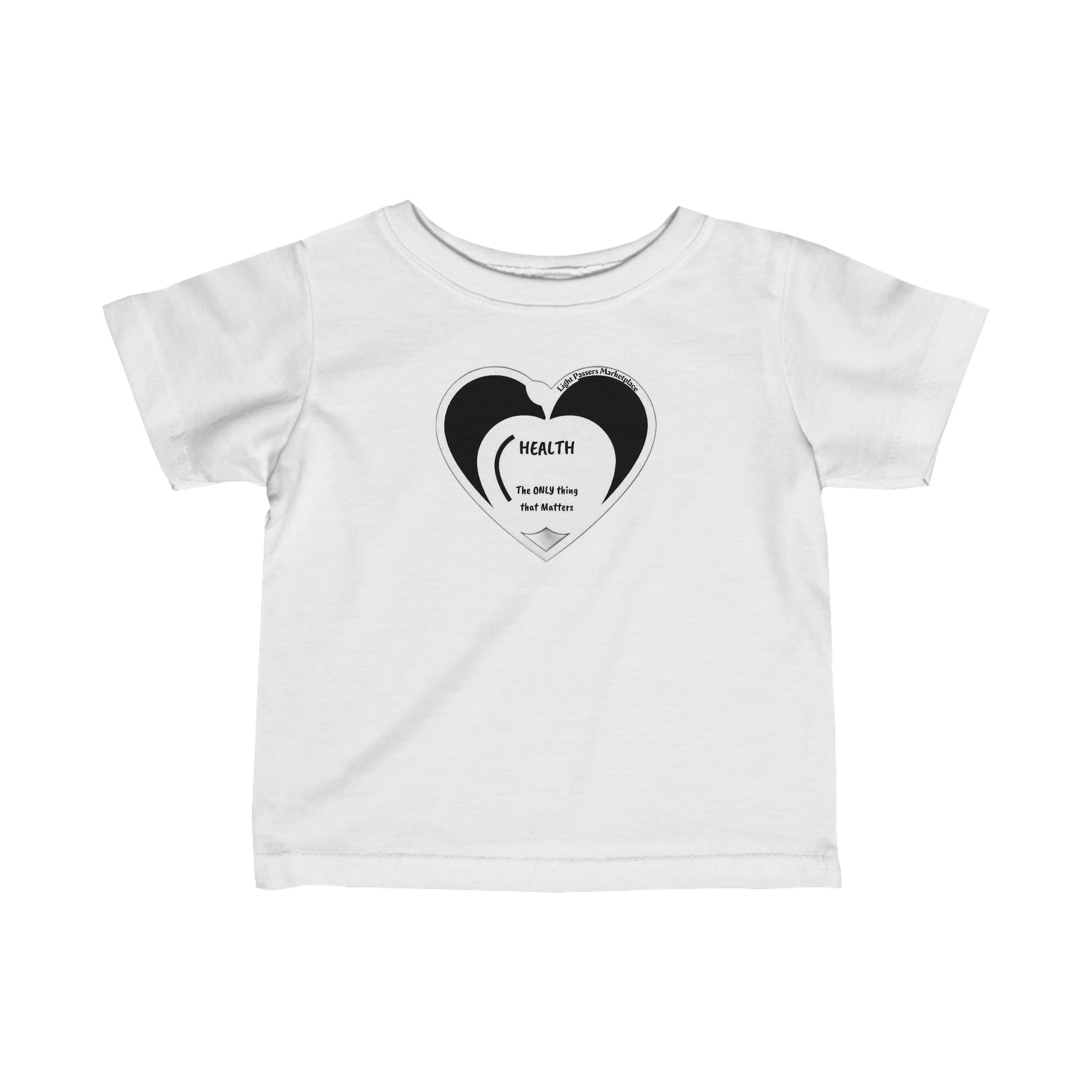 Infant fine jersey tee with heart graphic and text, featuring side seams for shape support, ribbed knitting for durability, and taped shoulders for a comfortable fit.