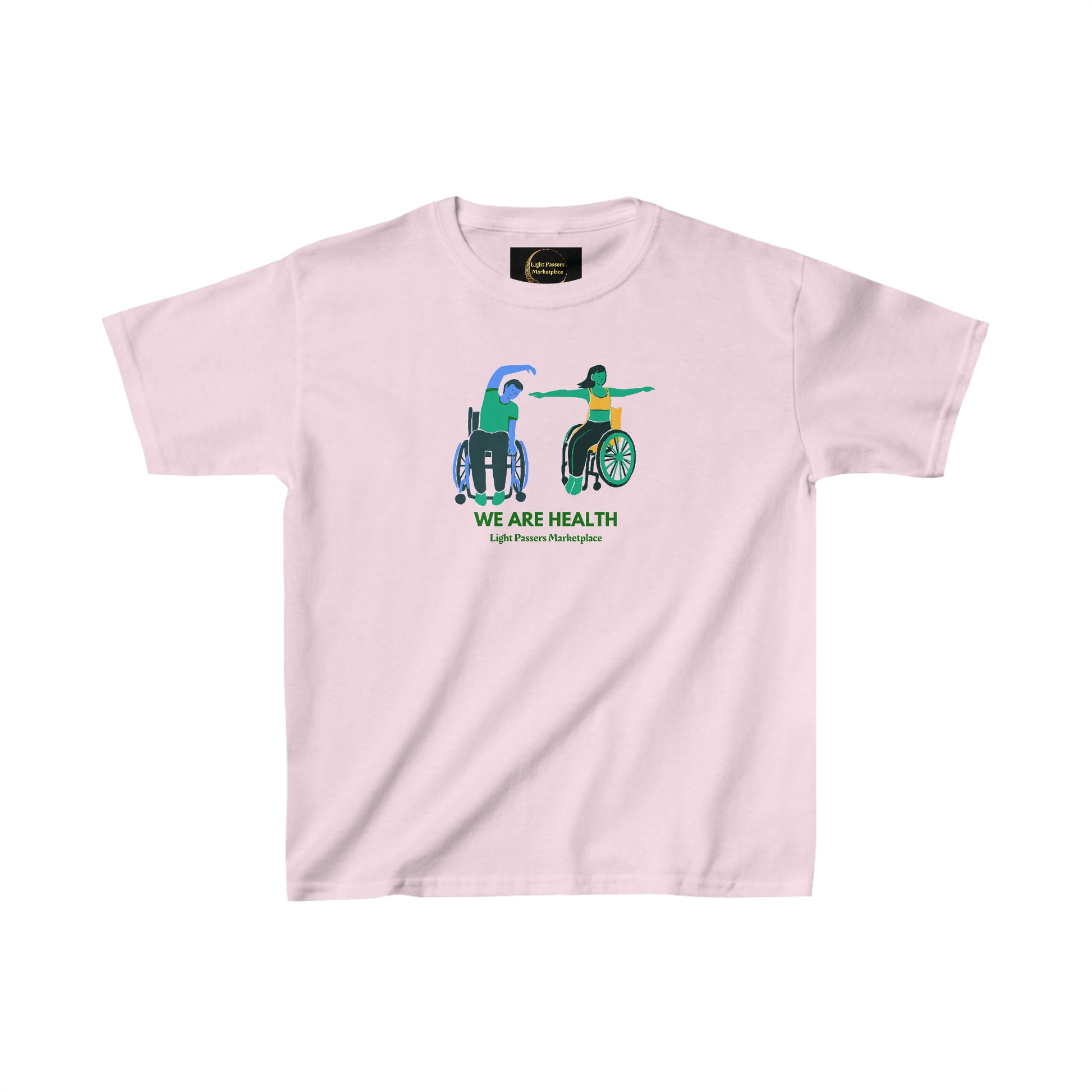 Youth t-shirt featuring a person in a wheelchair, promoting inclusivity. Made of 100% cotton with twill tape shoulders for durability and a curl-resistant collar. Ethically sourced US cotton.