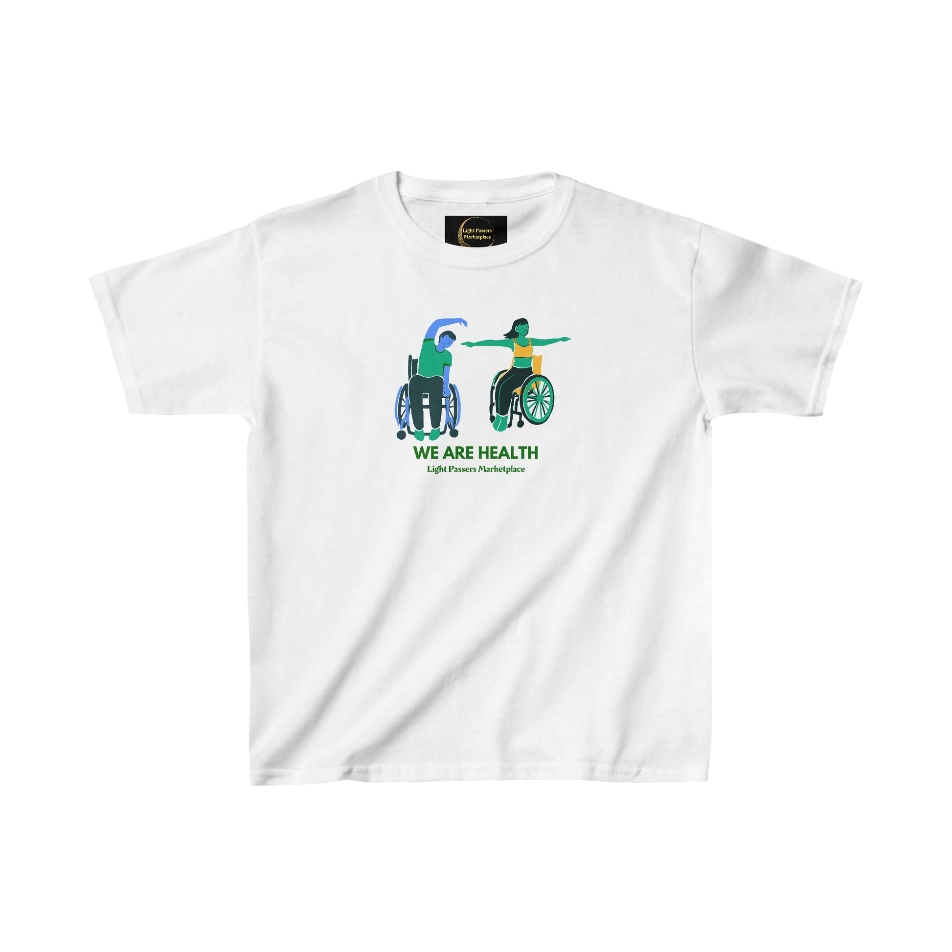 Youth t-shirt featuring a person in a wheelchair, promoting inclusivity. Made of 100% cotton with twill tape shoulders for durability. Ethically sourced and Oeko-Tex certified for quality.