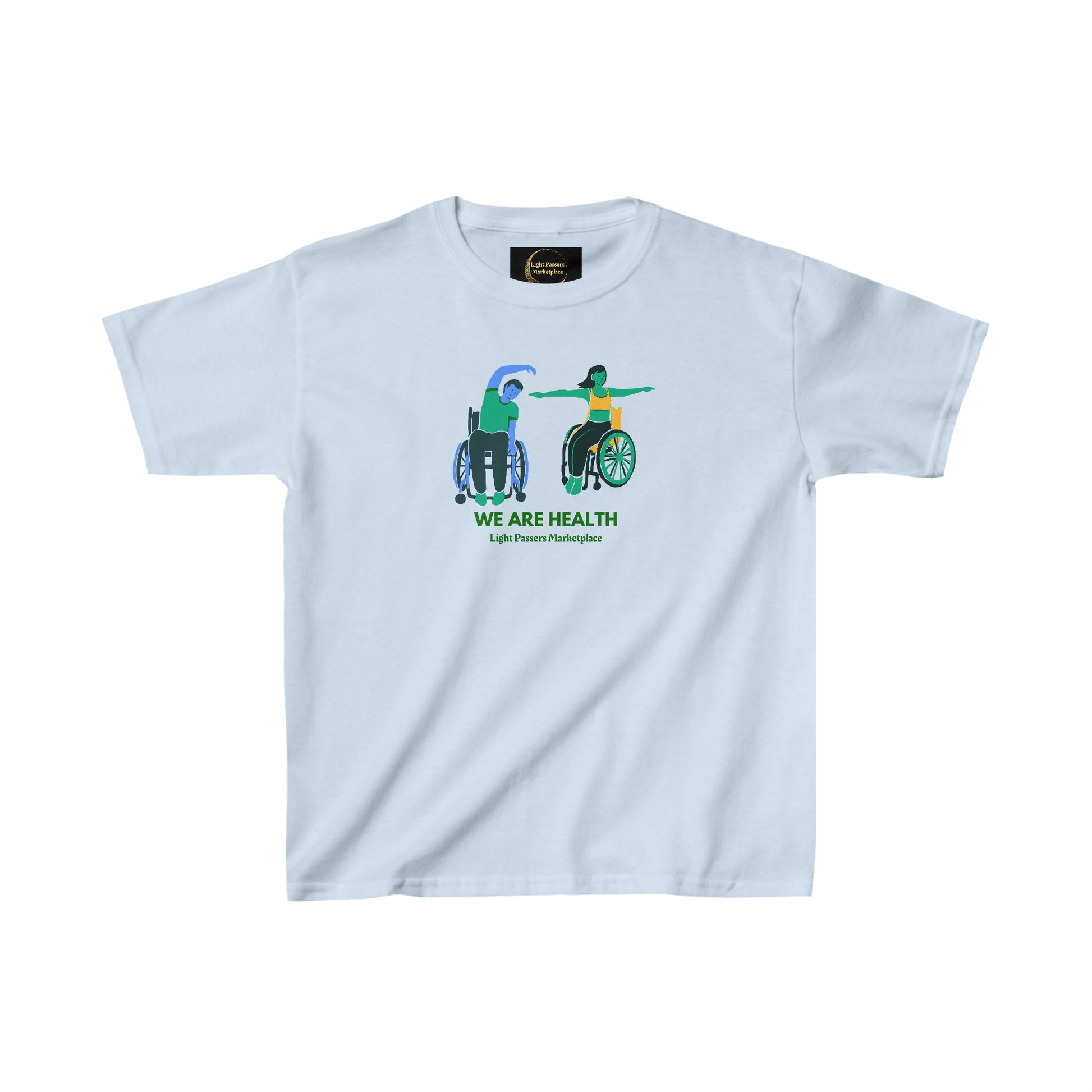 Youth white t-shirt featuring a person in a wheelchair, ideal for everyday wear. Made of 100% cotton with twill tape shoulders for durability. Ethically sourced US cotton with tear-away labels for comfort.