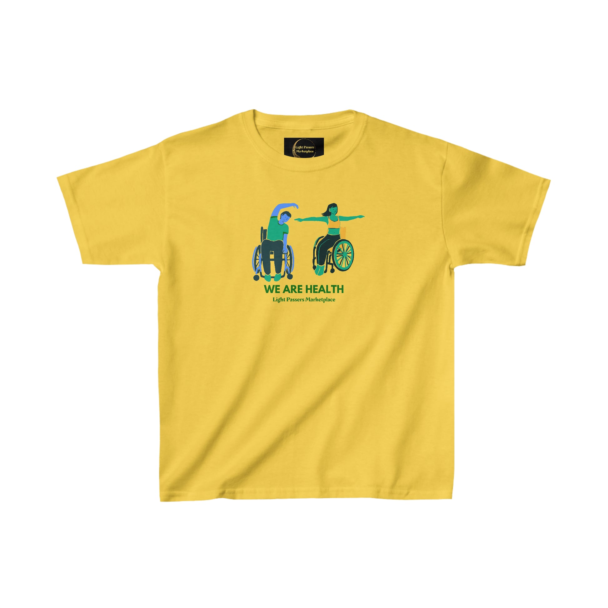 Youth t-shirt with a yellow design featuring a person in a wheelchair. Made of 100% cotton, durable twill tape shoulders, and curl-resistant collar. Ethically sourced US cotton.