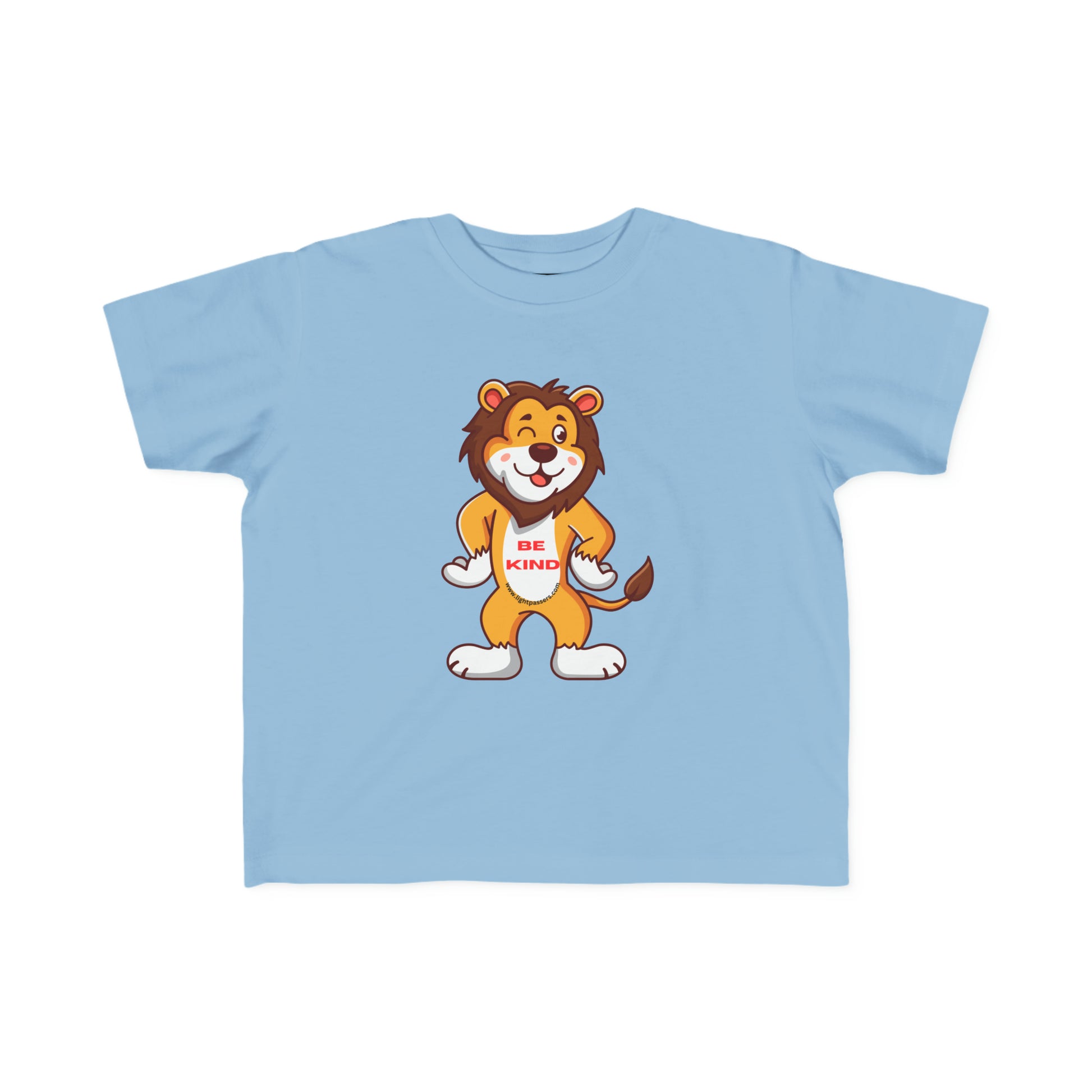 A toddler's blue t-shirt featuring a cartoon lion design, ideal for sensitive skin. Made of 100% combed cotton, light fabric, durable print, tear-away label, and a classic fit.