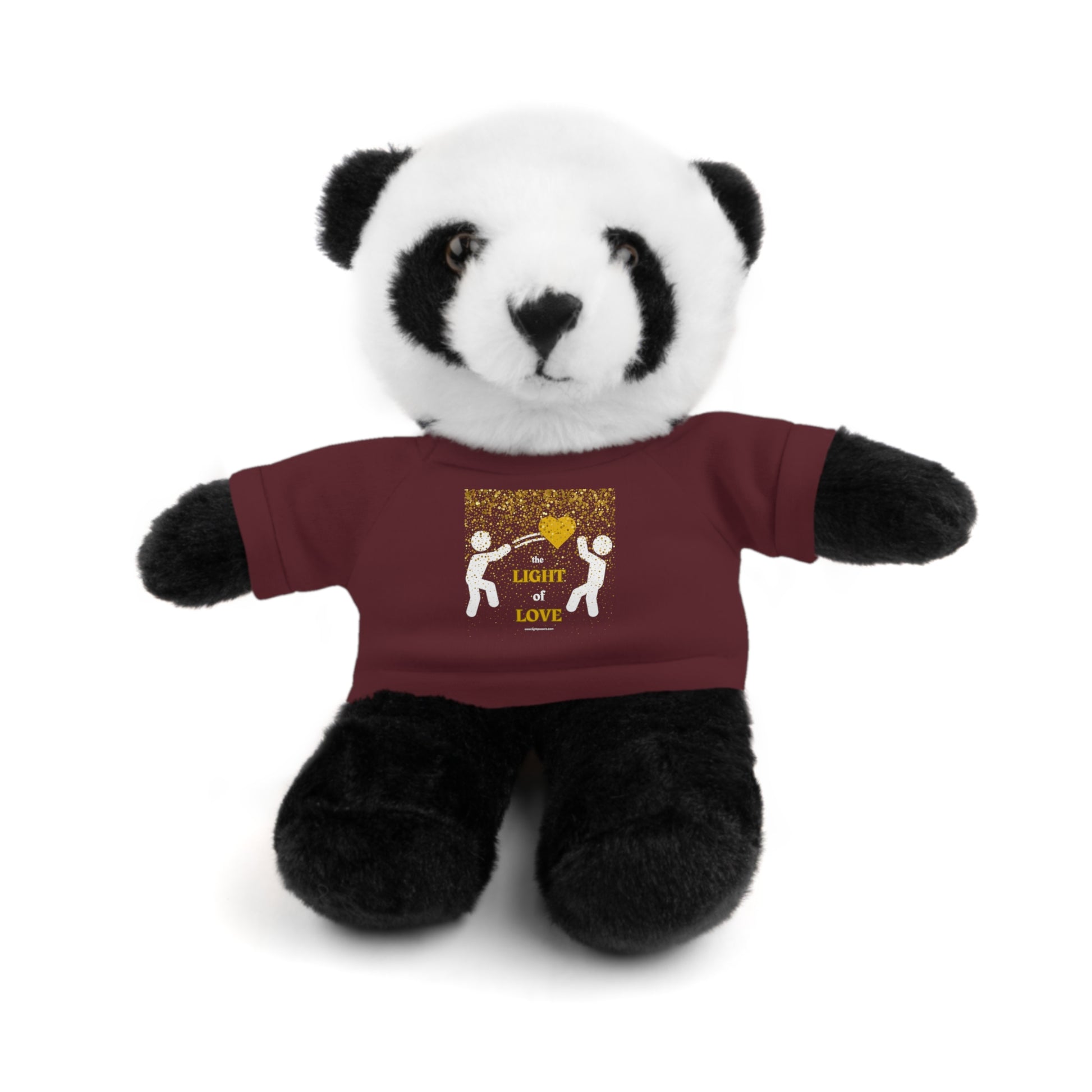 Stuffed panda bear wearing a customizable tee from Toss the Light of Love Gold Heart 6 animals collection, 8 tall, perfect for children ages 3+.