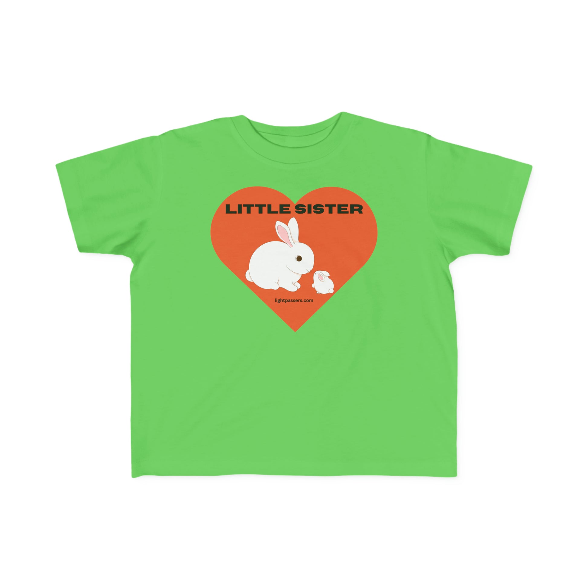 A toddler t-shirt featuring a green shirt with a white rabbit, heart, and bunnies. Made of 100% combed, ring-spun cotton for sensitive skin, with a durable print and tear-away label.