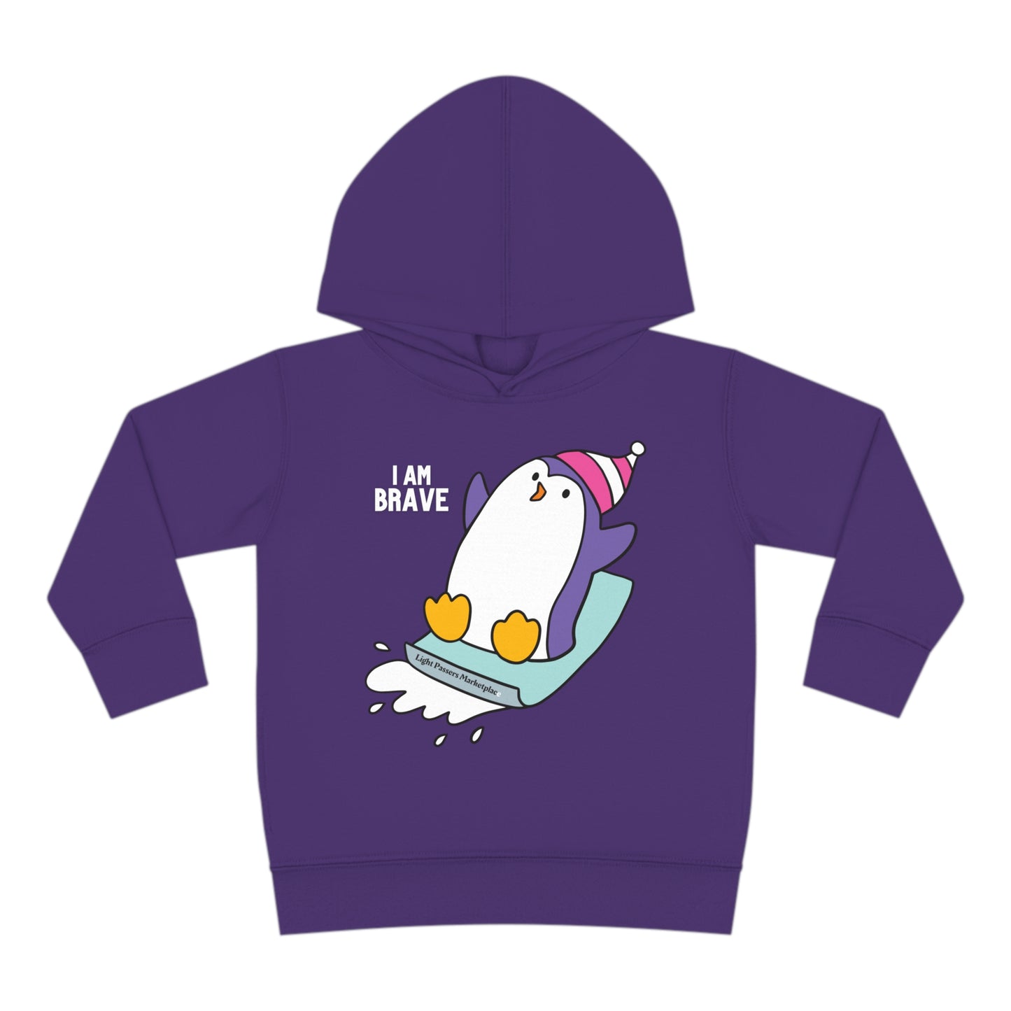 Toddler hoodie featuring a brave penguin design, jersey-lined hood, cover-stitched details, side-seam pockets, and durable construction. Made of 60% cotton, 40% polyester blend for lasting coziness.