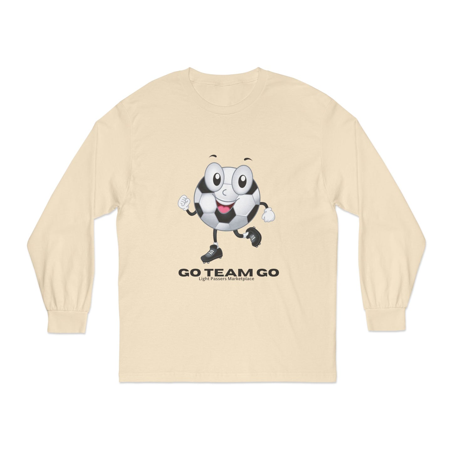 Soccer Ball Long Sleeve - Go Team Go Design Adult Unisex features a cartoon soccer ball character cheering, embodying sporty enthusiasm, perfect for fans at events.