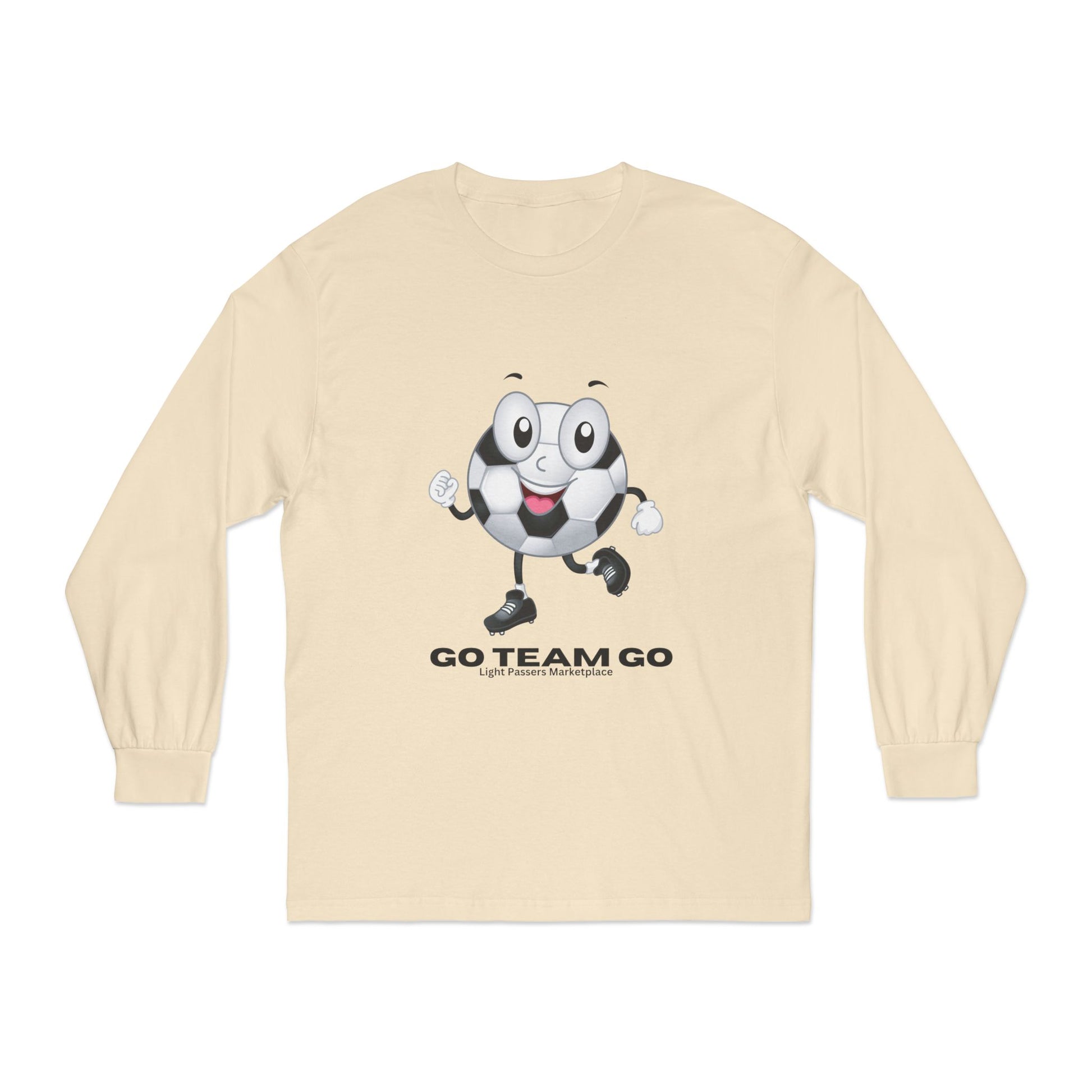 Soccer Ball Long Sleeve - Go Team Go Design Adult Unisex features a cartoon soccer ball character cheering, embodying sporty enthusiasm, perfect for fans at events.