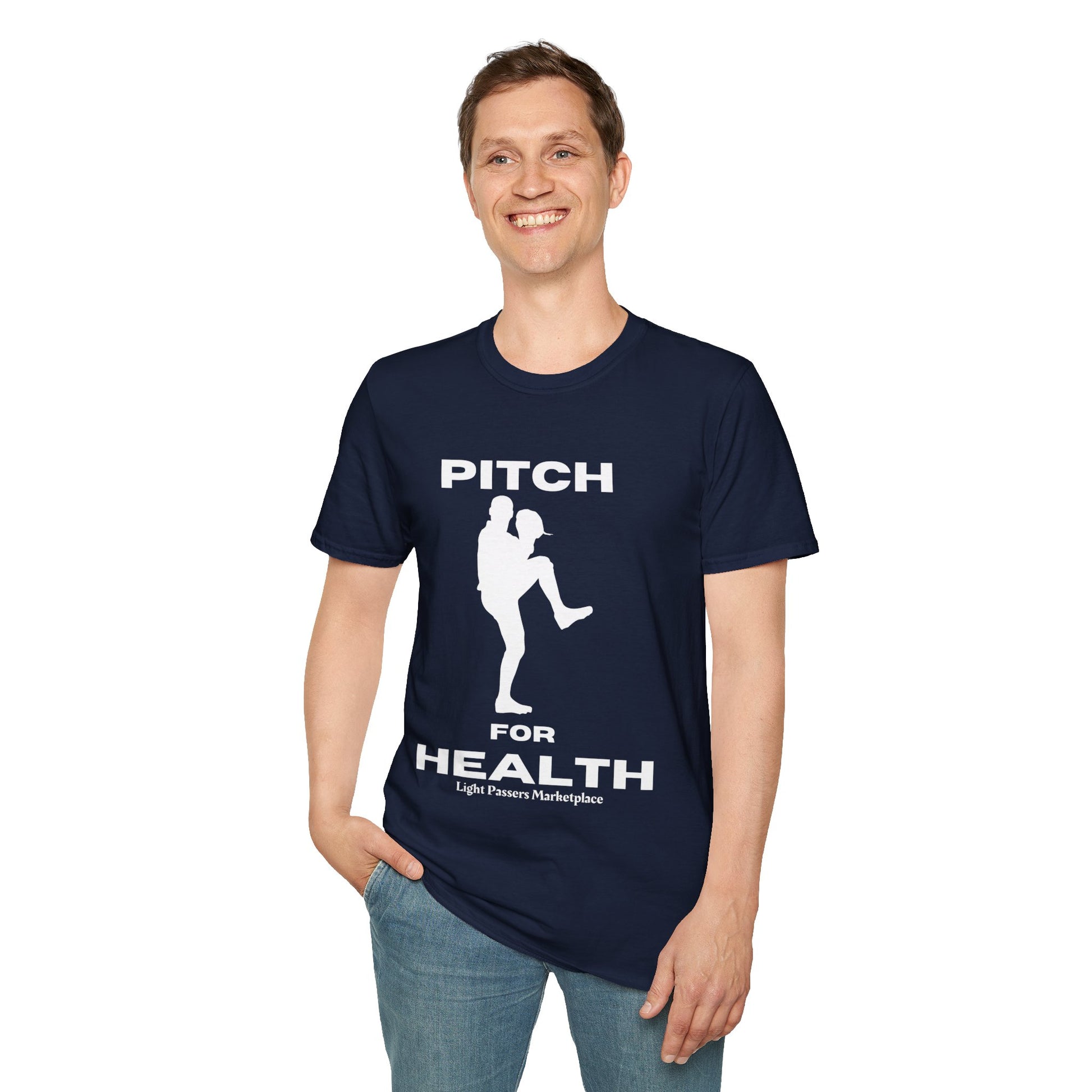 A man in a blue shirt, smiling, wears the Pitch for Health Unisex T-Shirt. Soft 100% cotton, twill tape shoulders, no side seams, ribbed collar. Ethically made.