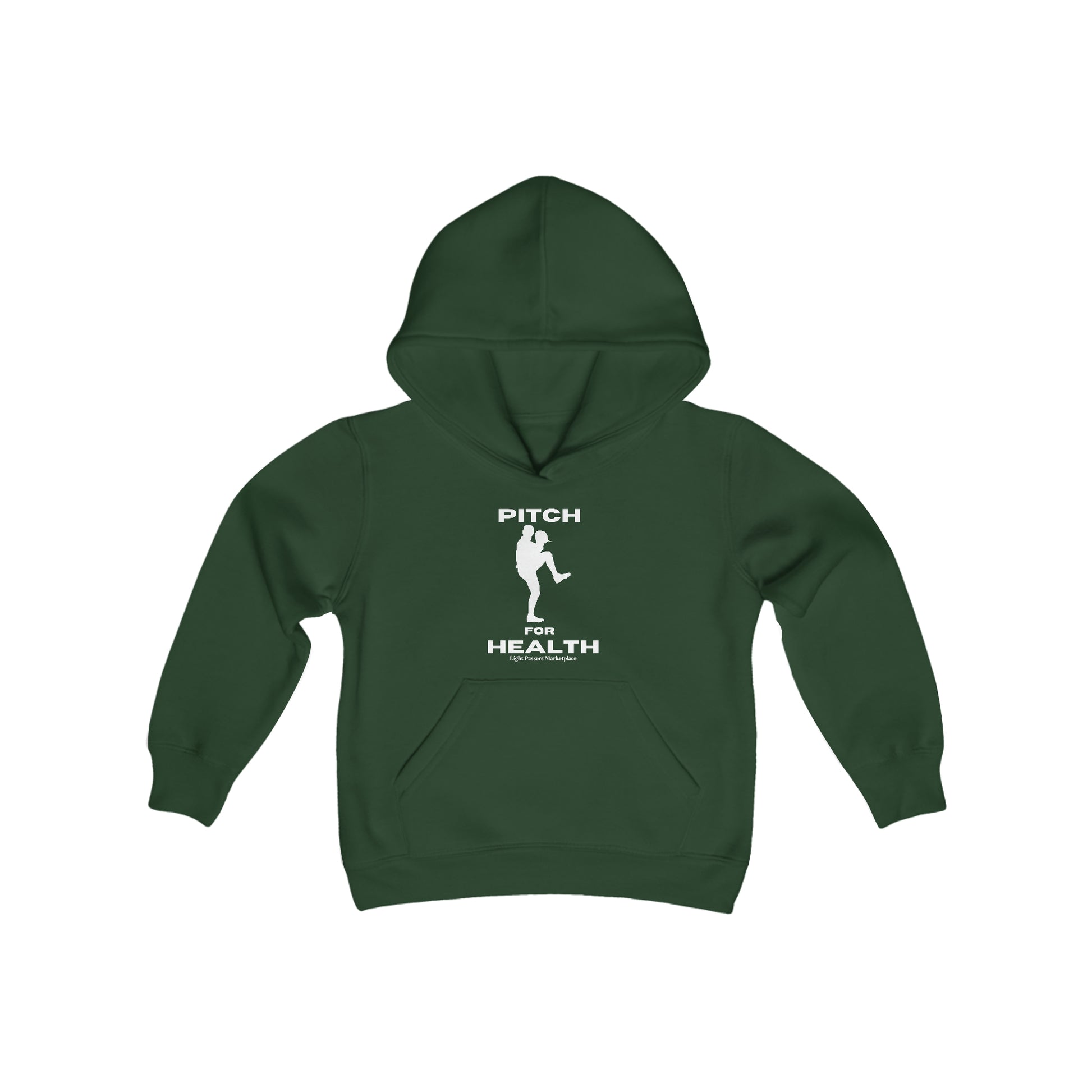 A green hoodie with white text, kangaroo pocket, and reinforced neck. Made of 50% cotton, 50% polyester blend for softness and reduced lint. Perfect for printing.