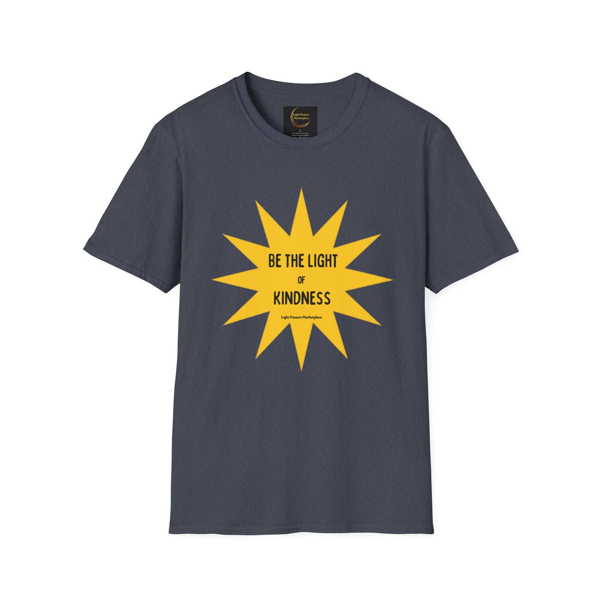 Unisex Be the Light of Kindness T-shirt featuring a yellow star design. Heavy cotton tee with smooth surface for vivid printing, no side seams, and tape on shoulders for durability.