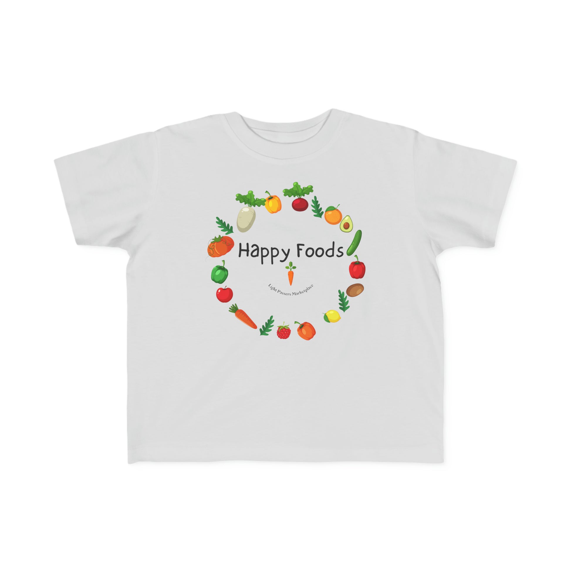 A toddler's white tee featuring a smiley face logo, made of soft 100% combed cotton. Durable print, light fabric, tear-away label, classic fit. Happy Foods Ring Toddler T-shirt for joyful adventures.