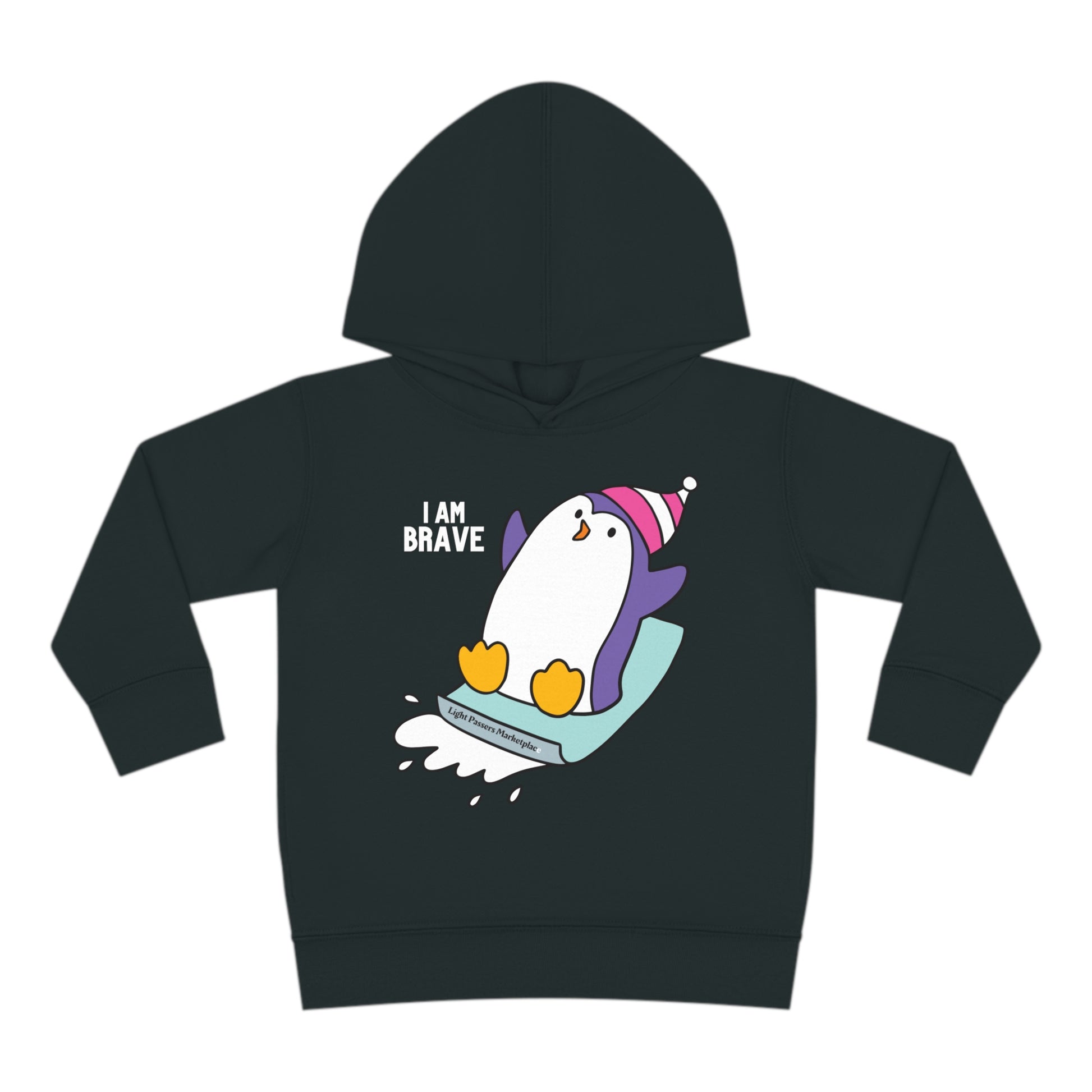 A Rabbit Skins toddler hoodie with a penguin design, featuring a jersey-lined hood, double-needle hem, cover-stitched details, and side seam pockets for lasting coziness.