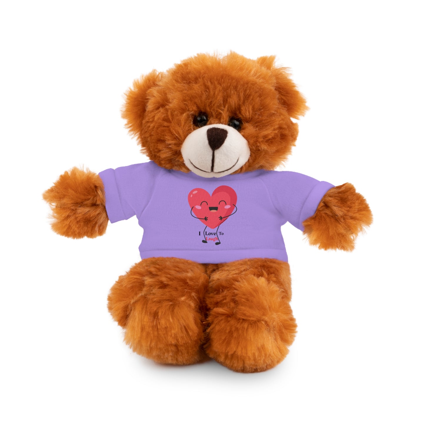 Teddy bear wearing a removable purple shirt with I Love to Laugh heart design, part of Cool Stuff Stuffies customizable stuffed animal collection.