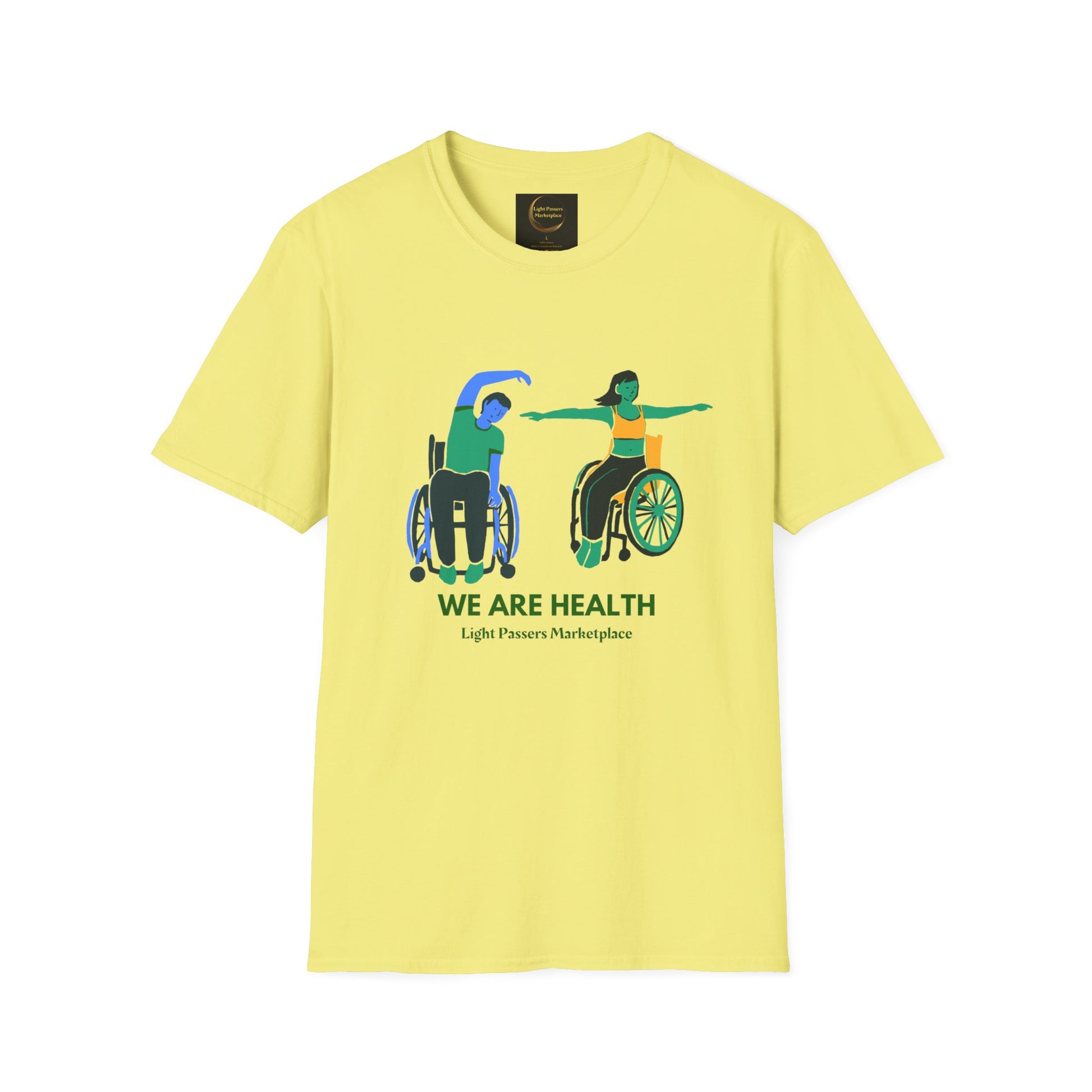 A yellow unisex t-shirt featuring a man and a woman in wheelchairs, embodying inclusivity and comfort. Made of soft, 100% ring-spun cotton, with twill tape shoulders for durability and a tear-away label for added comfort.