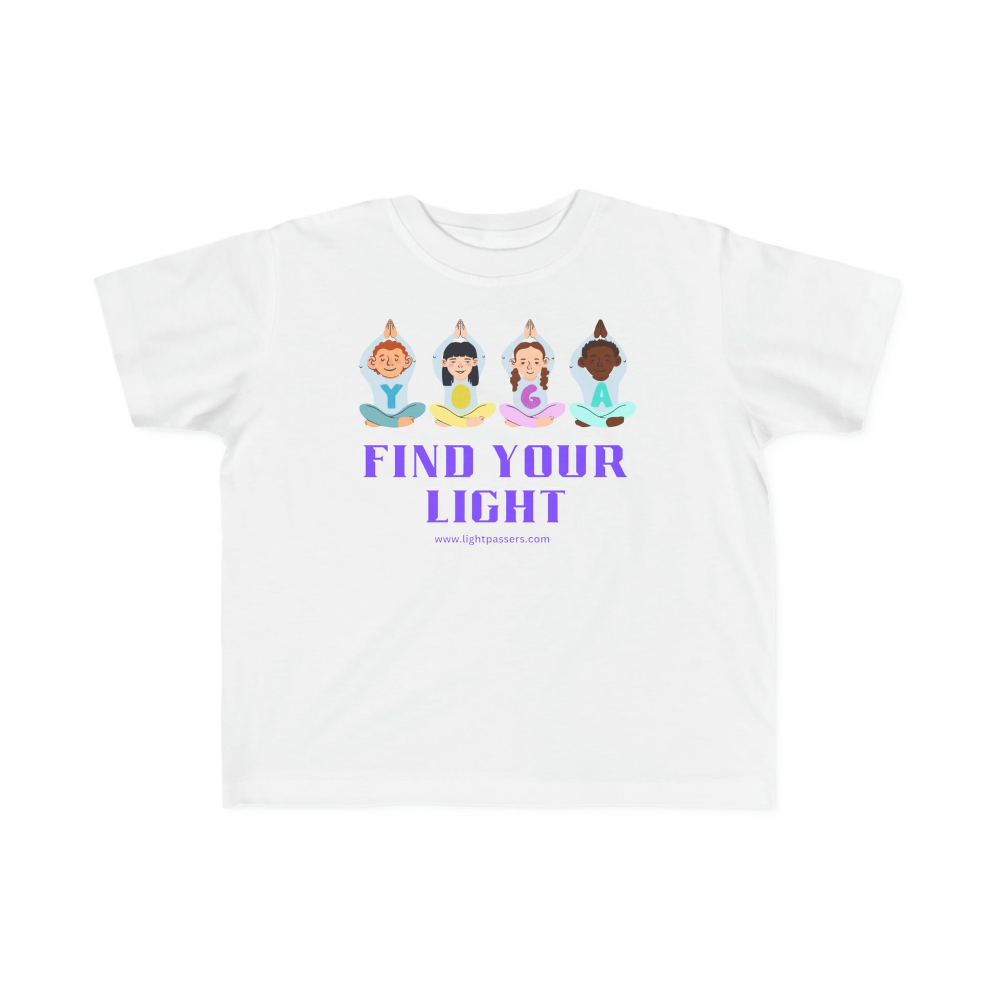 A white toddler t-shirt featuring cartoon characters in yoga poses, embodying peace and playfulness. Made of soft, 100% combed cotton for sensitive skin, with a durable print for little adventurers.