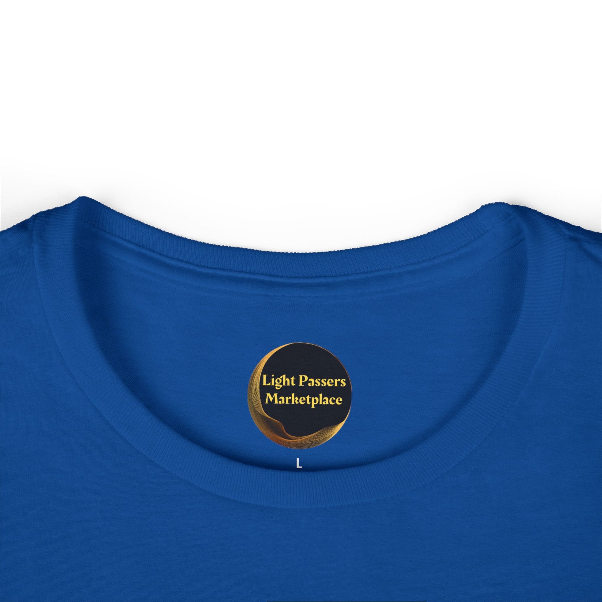 Women's Tee - Magical Unicorn Stretch for Health, featuring the Light Passers Marketplace label, large size, displayed with ribbed knit collar for shape retention.