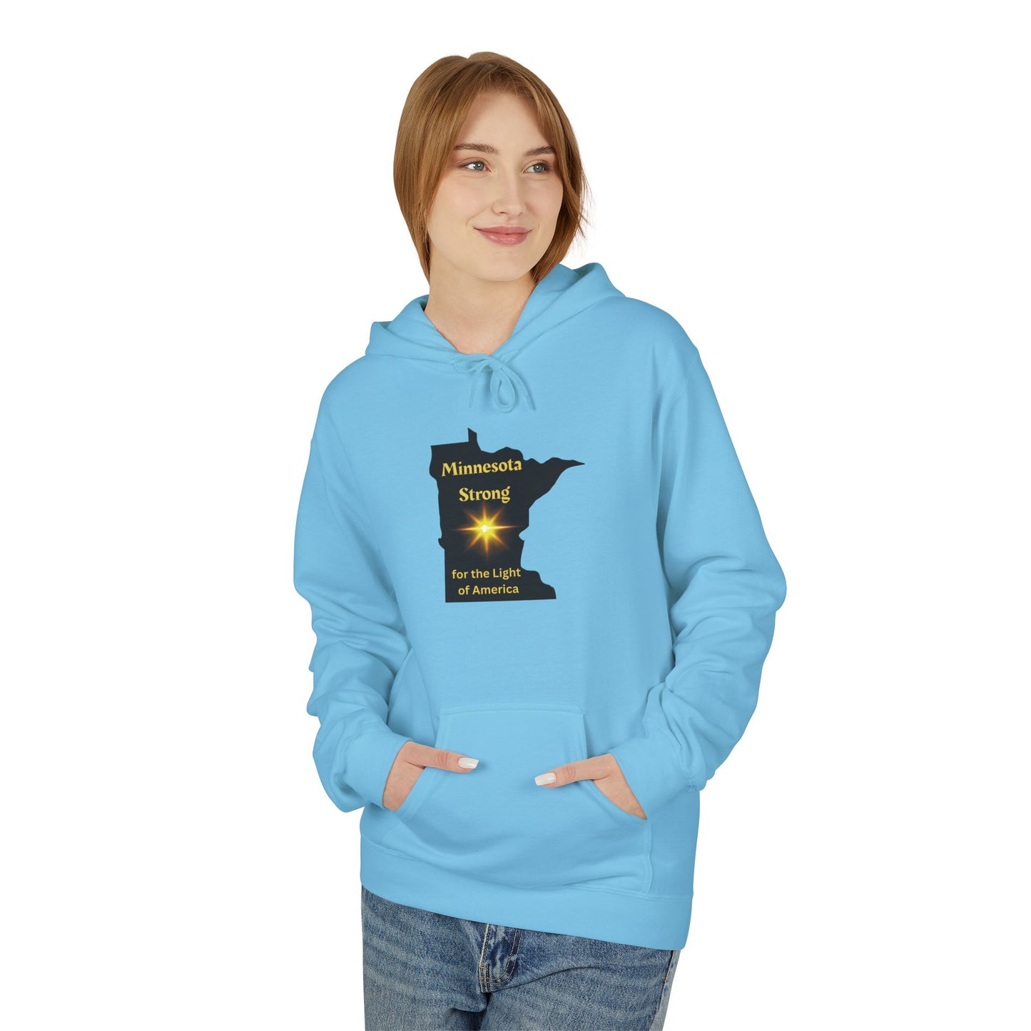 Person wearing the Love and Peace The Light Adult Unisex Minnesota State Hoodie featuring Minnesota Strong and star map design, hands in kangaroo pocket, embodying cozy pride.