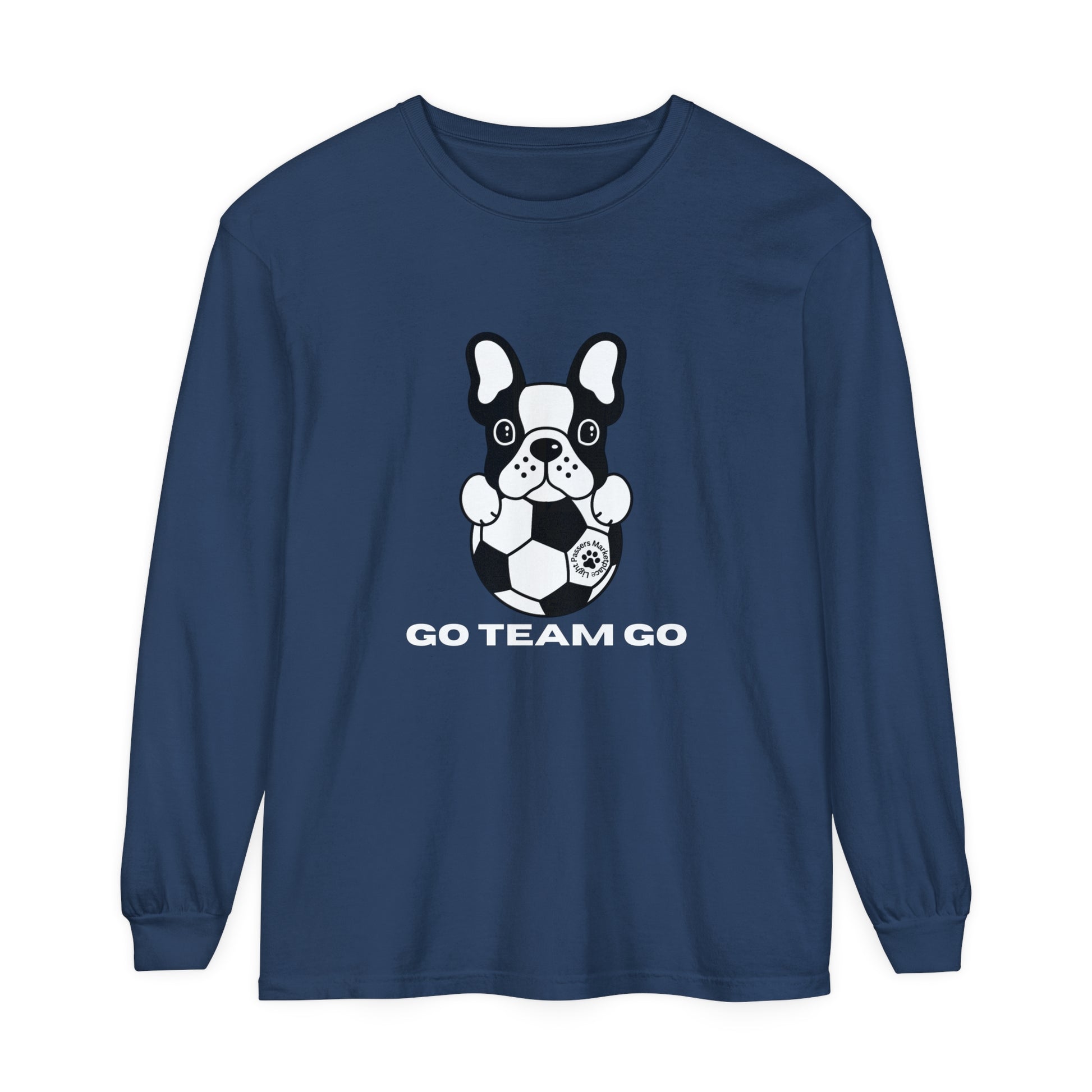 Teams Soccer Dog Adult Unisex Garment-dyed Long Sleeve features a black and white dog with a football, offering a relaxed fit in soft, ring-spun cotton.