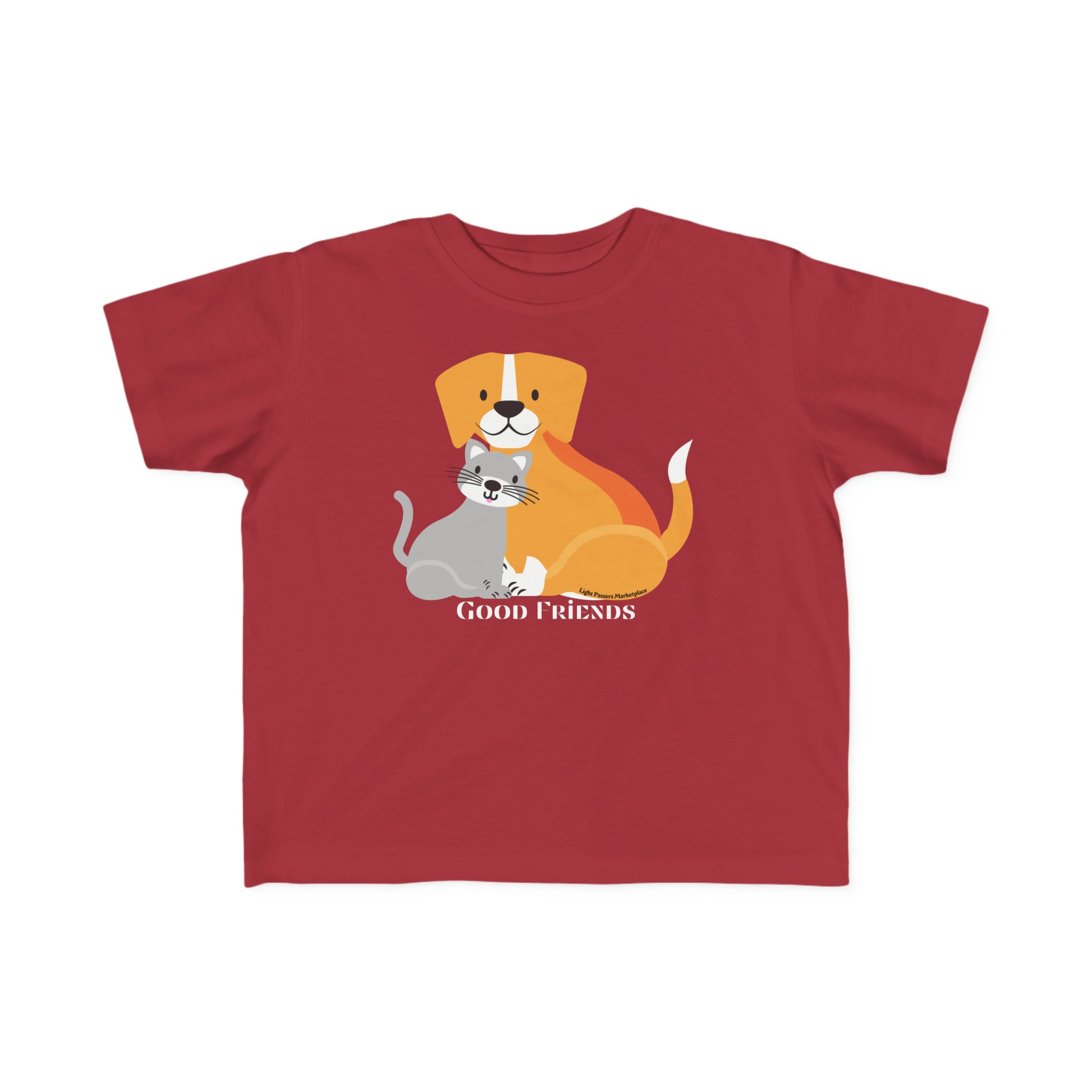 A toddler t-shirt featuring a cartoon cat and dog design on a red background. Made of soft, durable 100% combed cotton, perfect for sensitive skin. Classic fit, tear-away label, true to size.